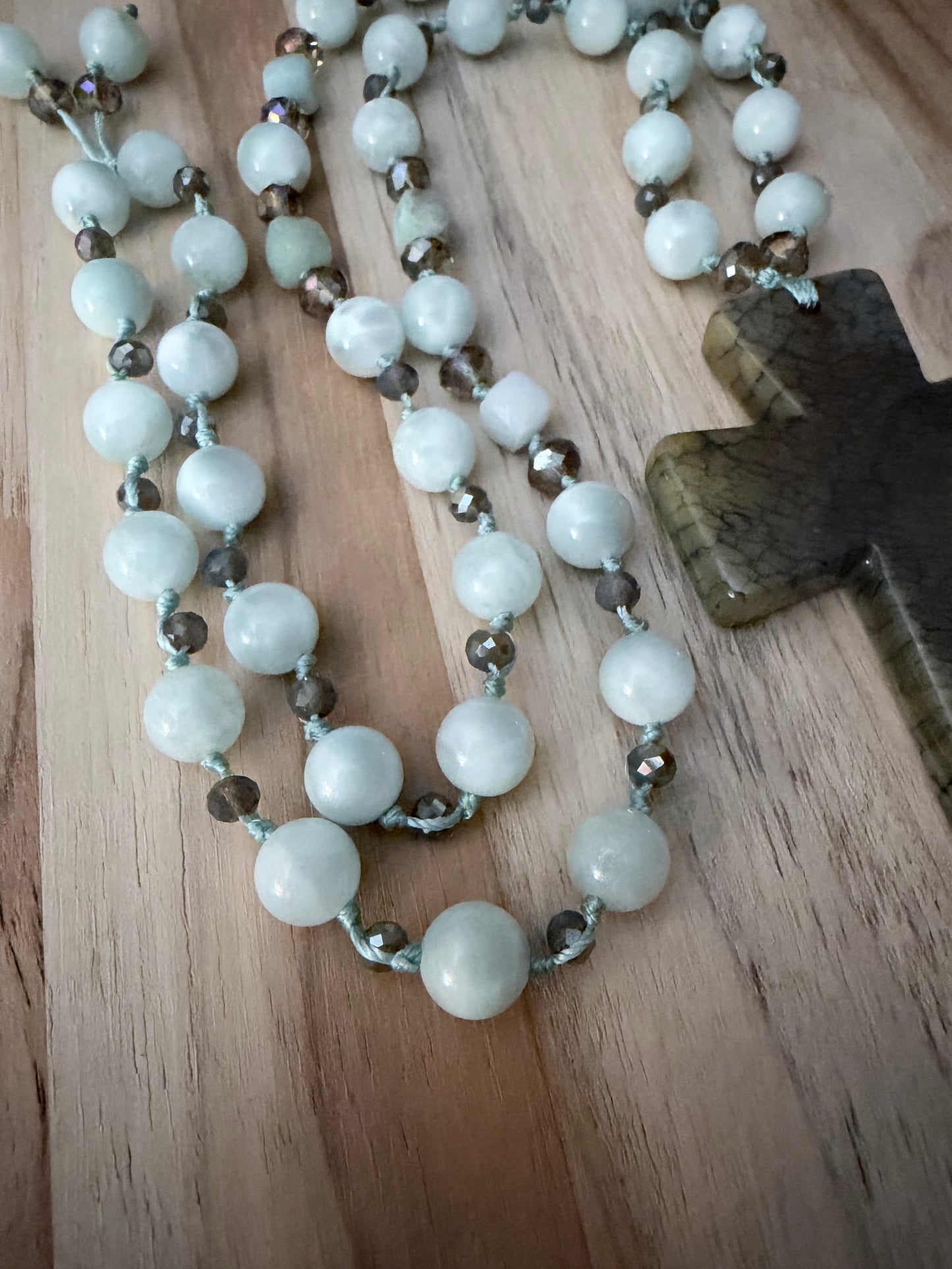 26 Inch Long Agate Cross Pendant Necklace with Green Moonstone, Amazonite and Crystal Beads