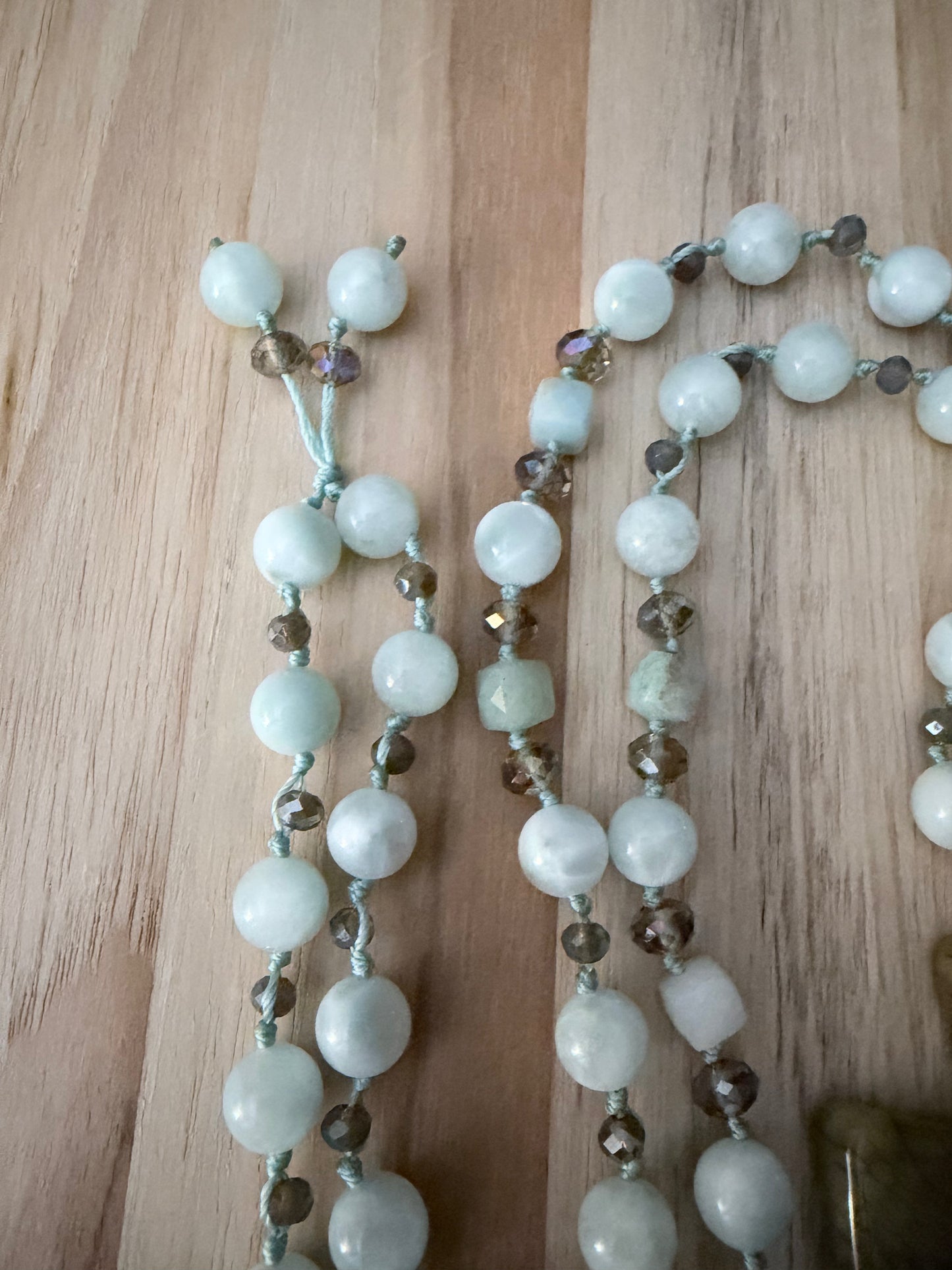 26 Inch Long Agate Cross Pendant Necklace with Green Moonstone, Amazonite and Crystal Beads