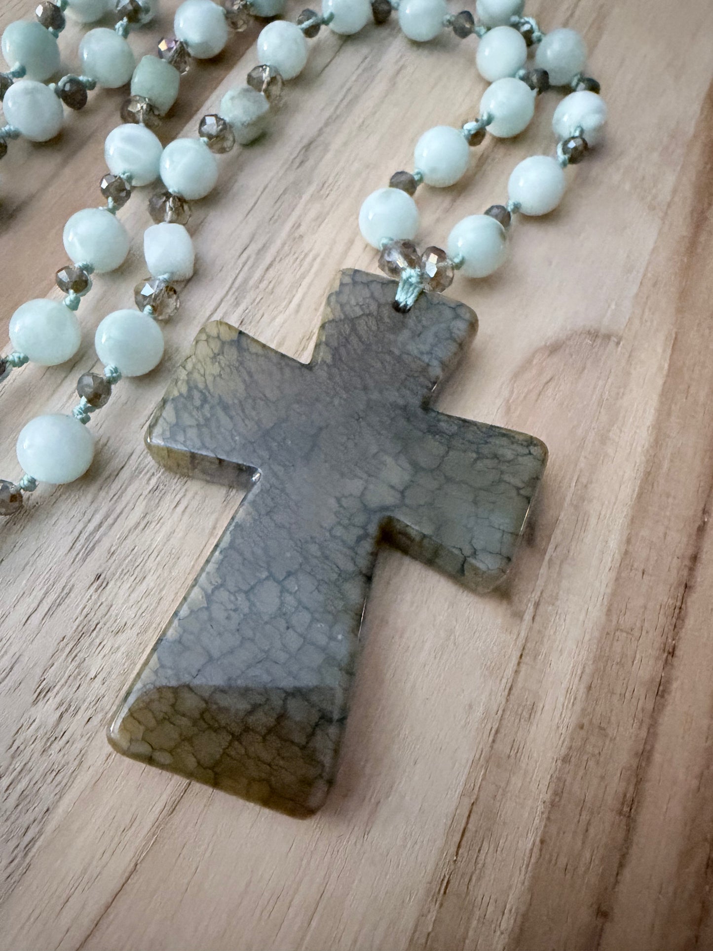 26 Inch Long Agate Cross Pendant Necklace with Green Moonstone, Amazonite and Crystal Beads