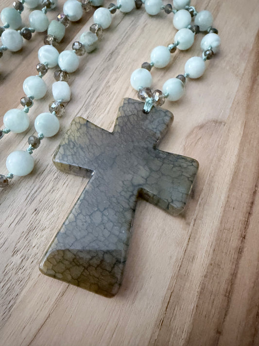 26 Inch Long Agate Cross Pendant Necklace with Green Moonstone, Amazonite and Crystal Beads