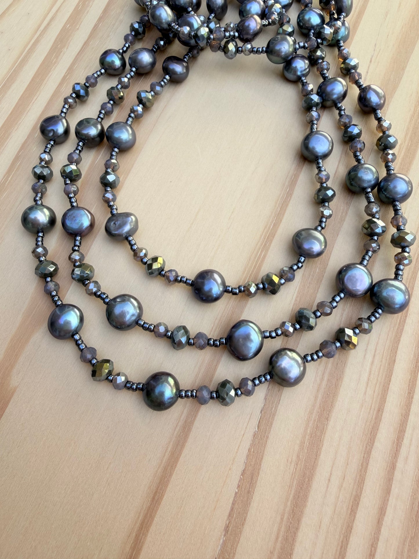 60 Inch Extra Long Wraparound Beaded Necklace with Grey Freshwater Pearls and Crystal Beads