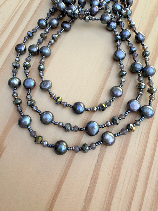 60 Inch Extra Long Wraparound Beaded Necklace with Grey Freshwater Pearls and Crystal Beads