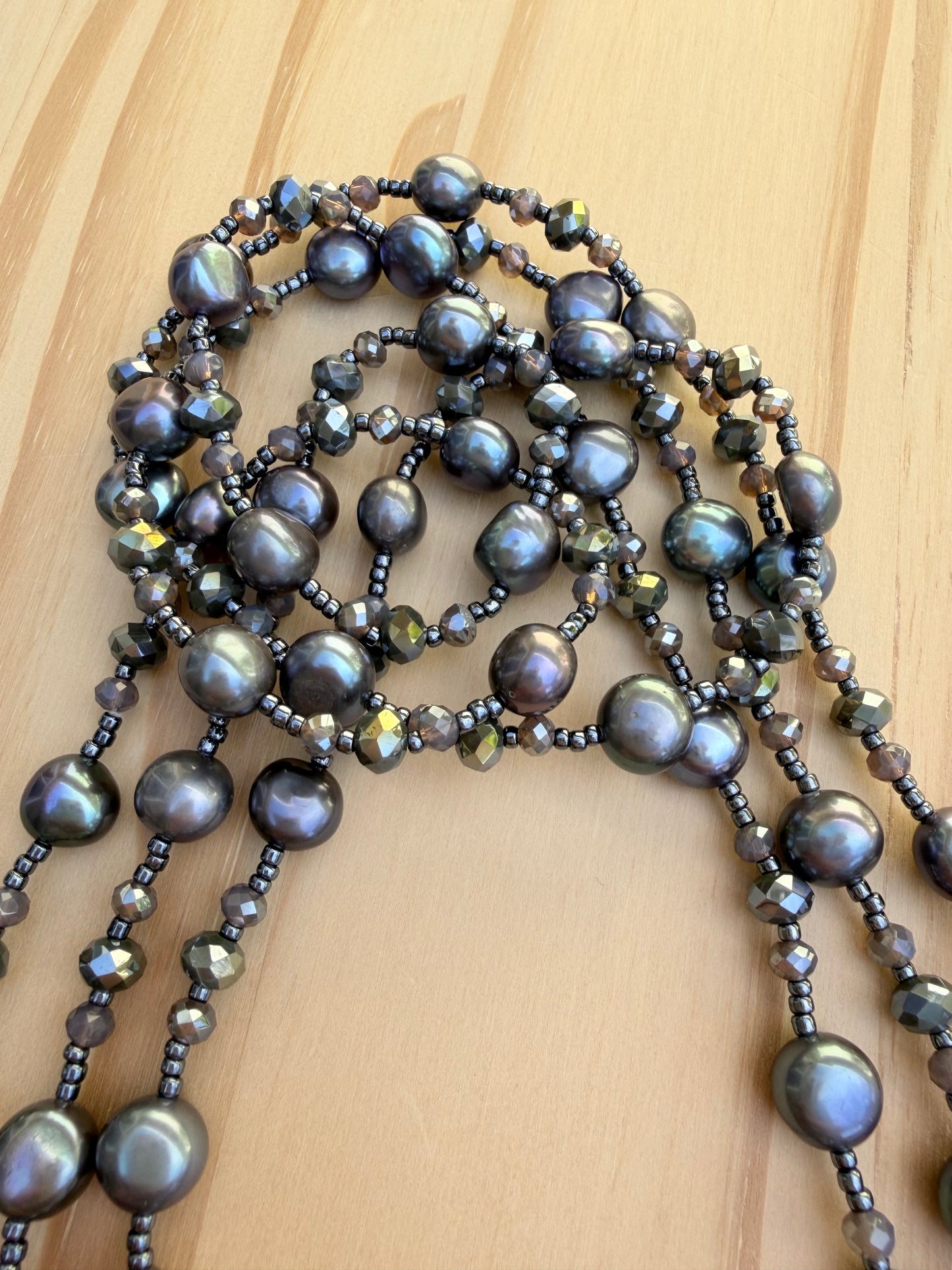 60 Inch Extra Long Wraparound Beaded Necklace with Grey Freshwater Pearls and Crystal Beads