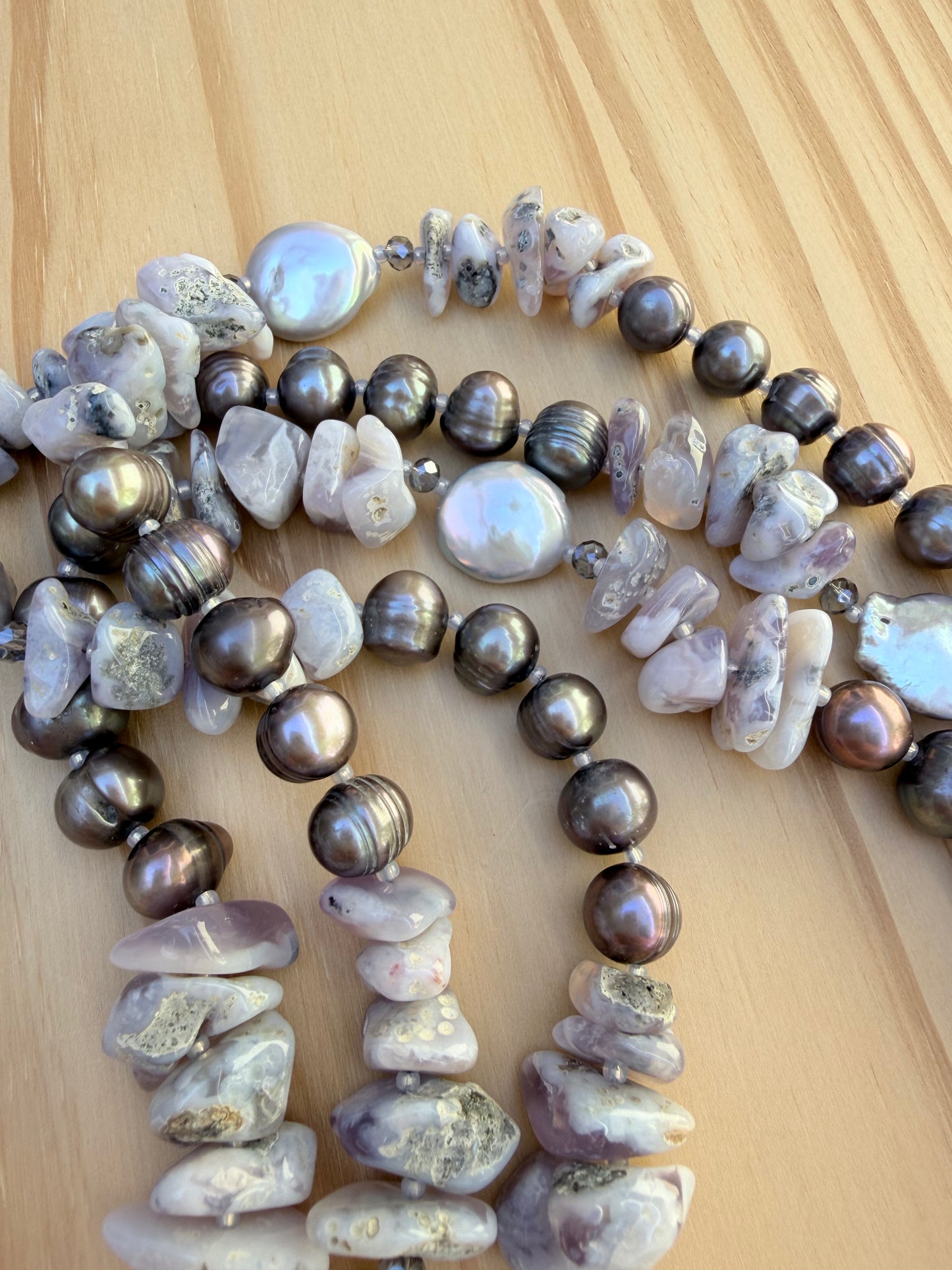 60" Extra Long Wraparound Style Beaded Lavender Chalcedony and Pearl Necklace with Crystal Beads