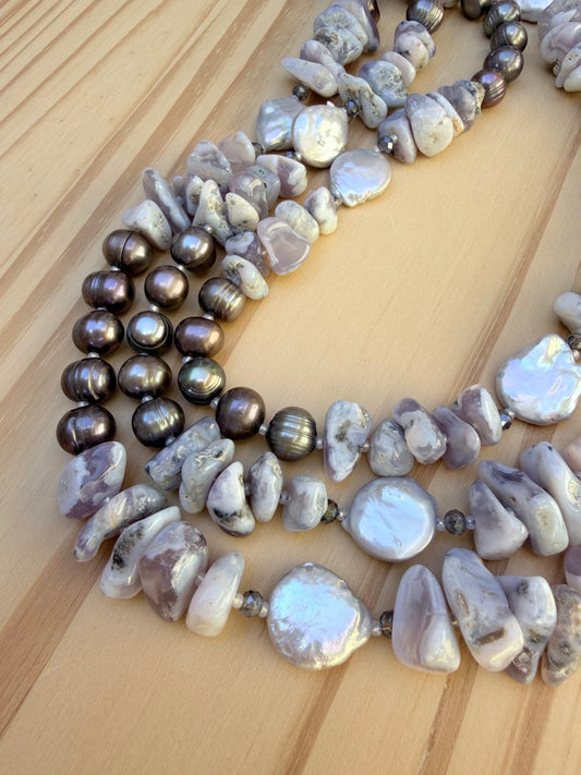 60" Extra Long Wraparound Style Beaded Lavender Chalcedony and Pearl Necklace with Crystal Beads