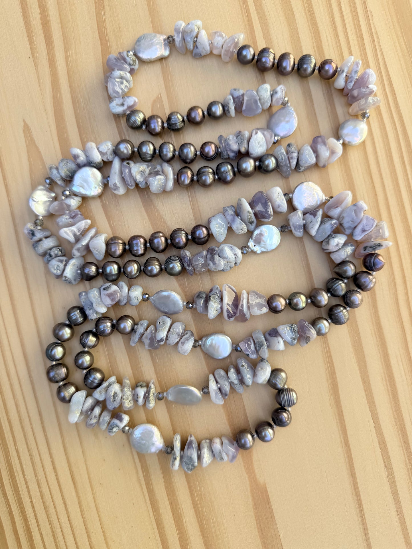 60" Extra Long Wraparound Style Beaded Lavender Chalcedony and Pearl Necklace with Crystal Beads