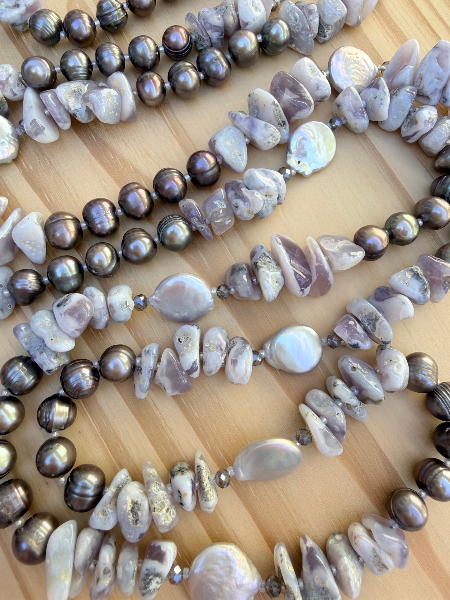 60" Extra Long Wraparound Style Beaded Lavender Chalcedony and Pearl Necklace with Crystal Beads