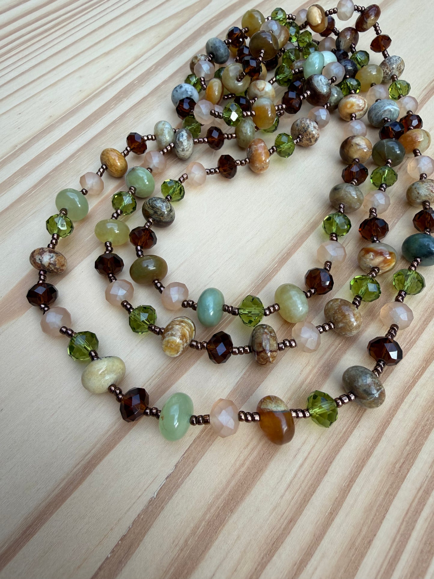 59" Long Flower Jade & Crystal Beaded Necklace