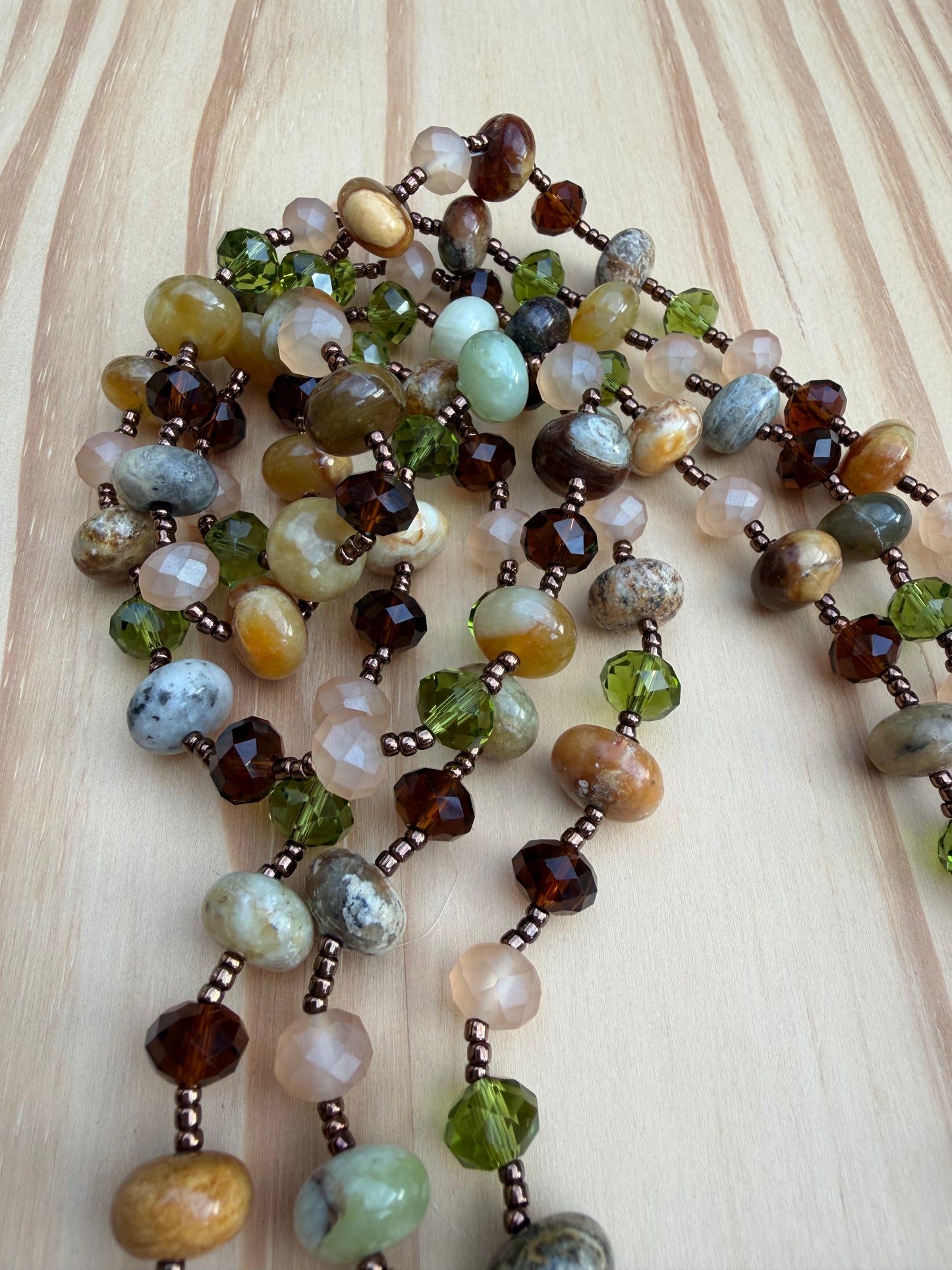 59" Long Flower Jade & Crystal Beaded Necklace