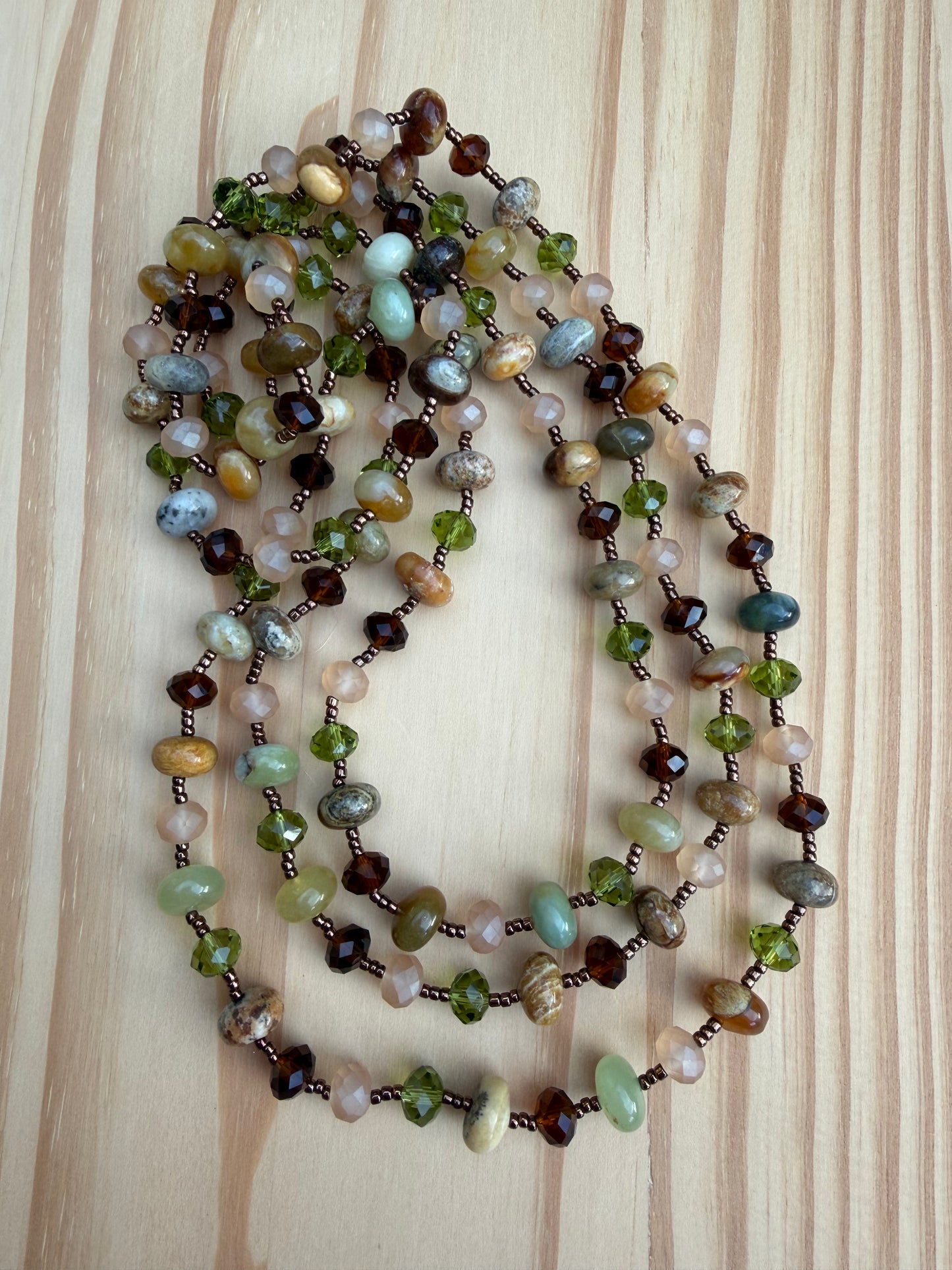 59" Long Flower Jade & Crystal Beaded Necklace