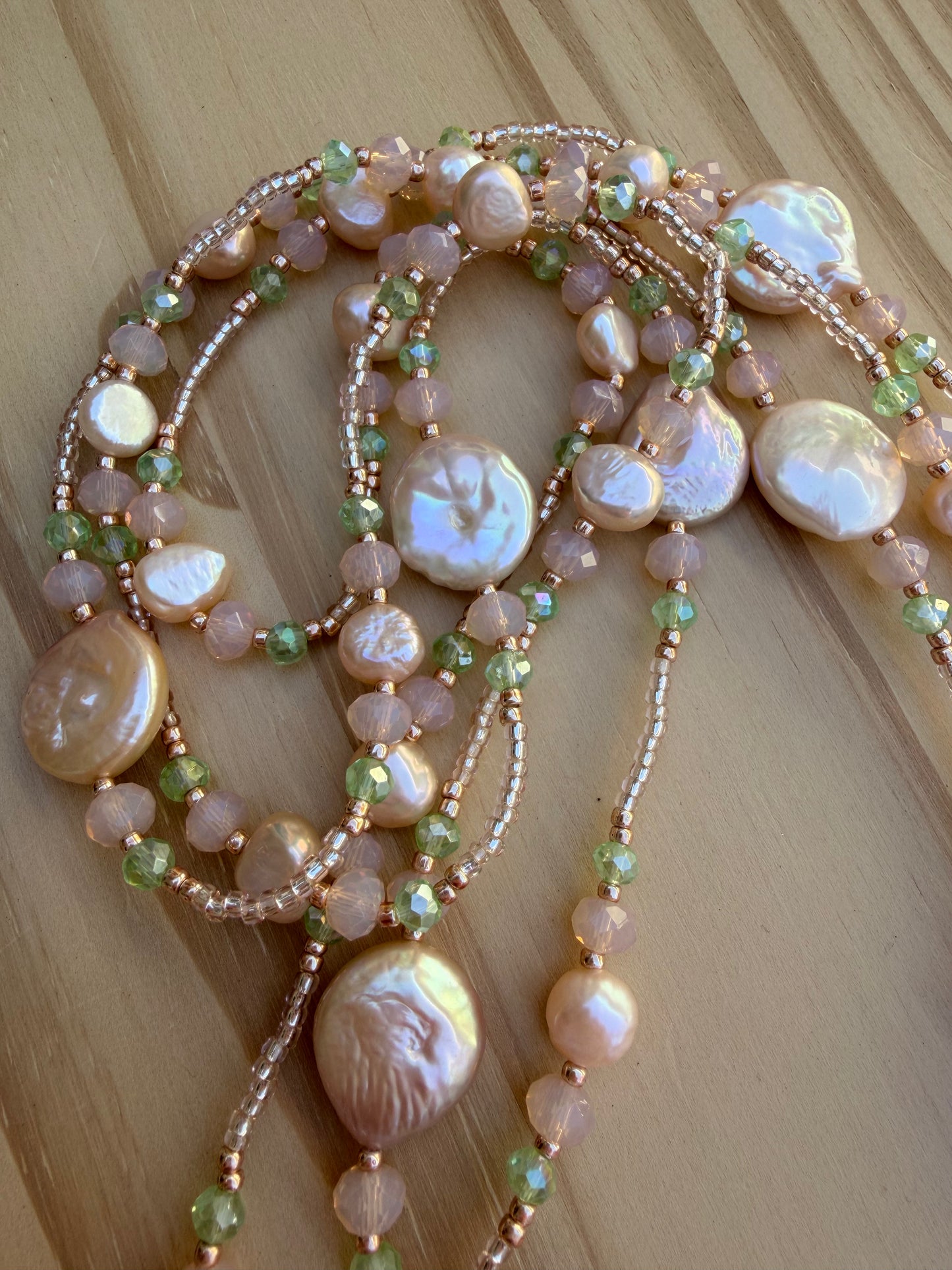 64” Extra Long Wraparound Necklace with Coin Pearls Peach Freshwater Pearls and Crystal Beads