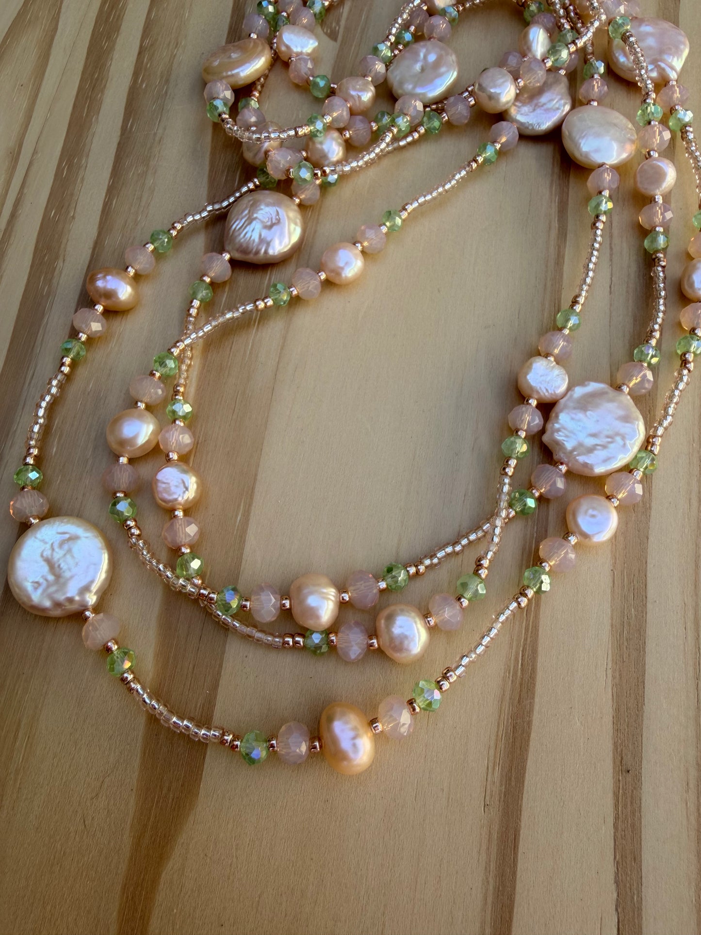 64” Extra Long Wraparound Necklace with Coin Pearls Peach Freshwater Pearls and Crystal Beads