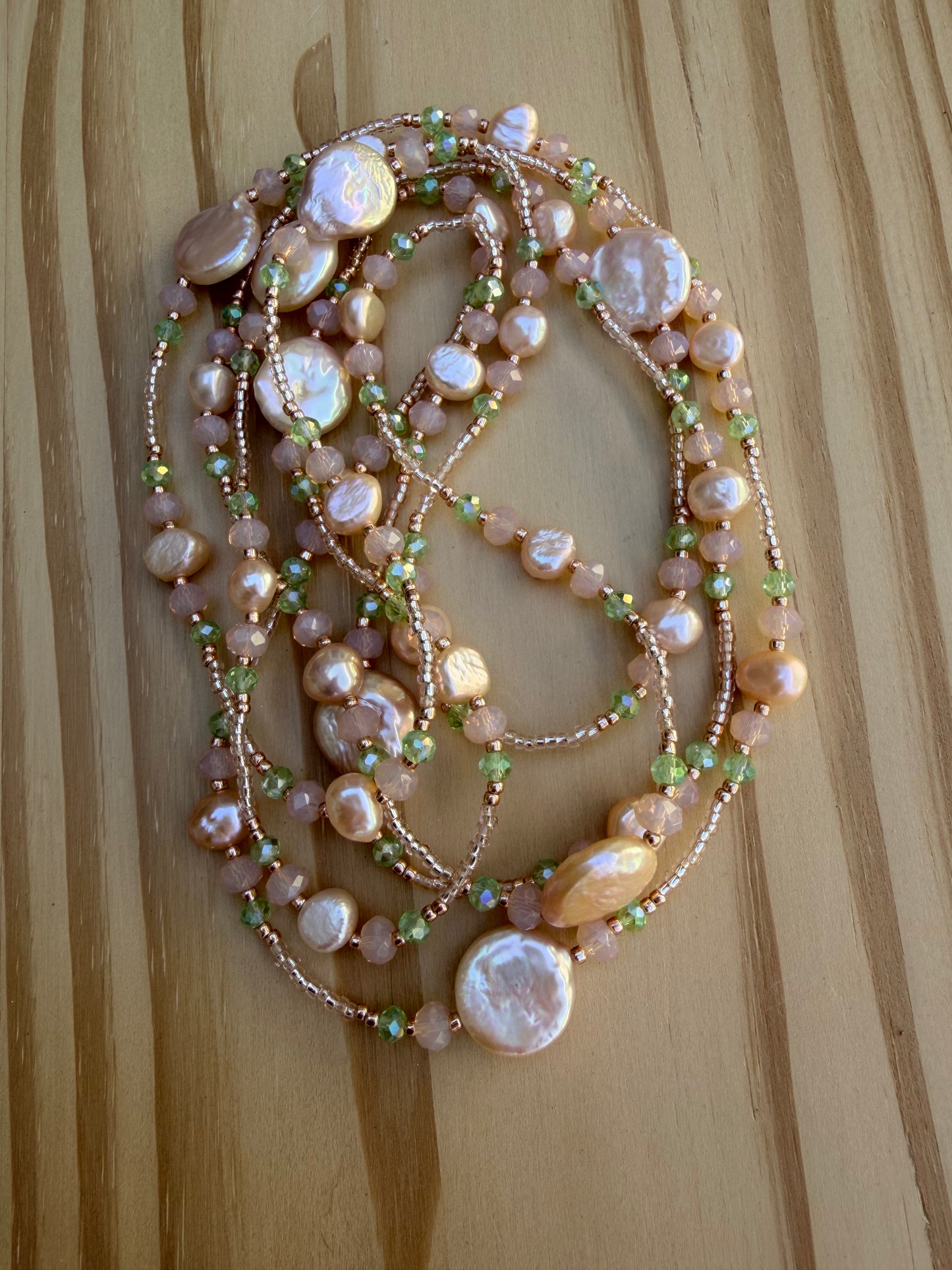 64” Extra Long Wraparound Necklace with Coin Pearls Peach Freshwater Pearls and Crystal Beads