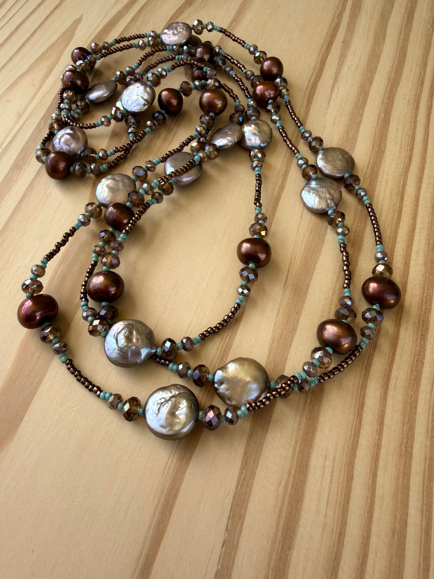 60” Extra Long Wraparound Necklace with Coin Pearls Chocolate Freshwater Pearls and Crystal Beads