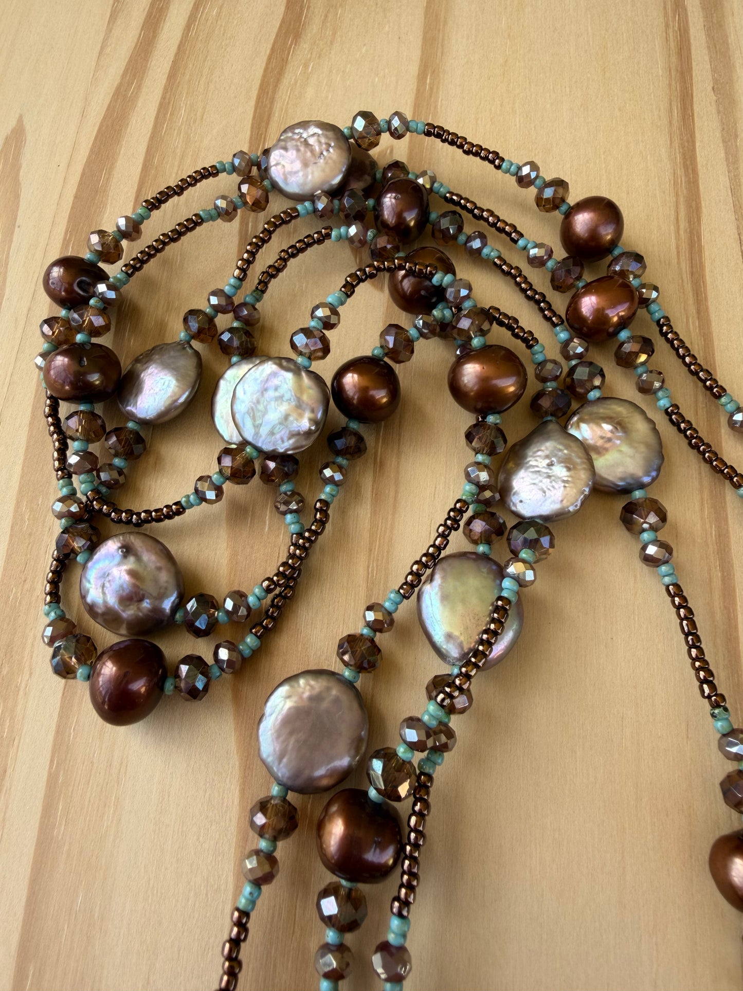 60” Extra Long Wraparound Necklace with Coin Pearls Chocolate Freshwater Pearls and Crystal Beads