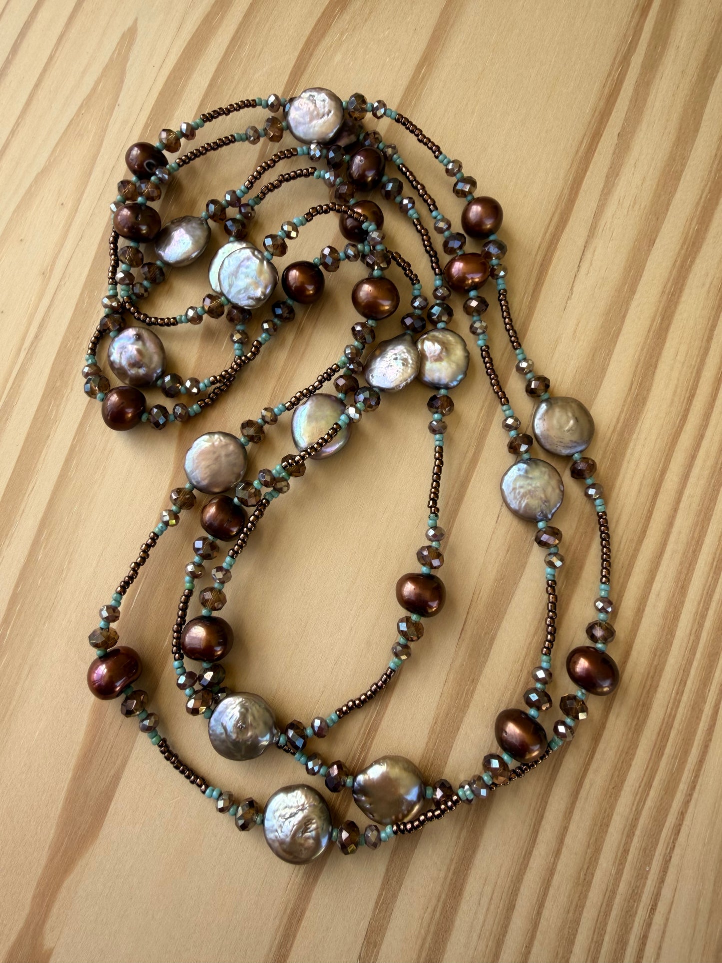 60” Extra Long Wraparound Necklace with Coin Pearls Chocolate Freshwater Pearls and Crystal Beads