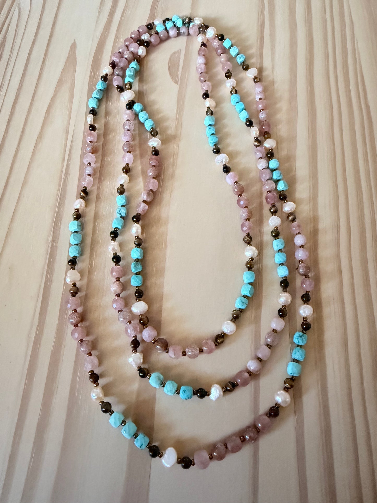 64” Extra Long Wraparound Necklace with Turquoise Sunstone Strawberry Quartz Tigereye and peach Pearls