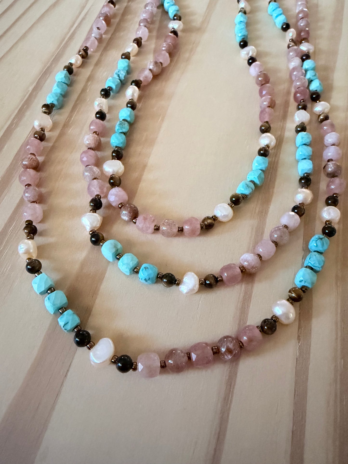 64” Extra Long Wraparound Necklace with Turquoise Sunstone Strawberry Quartz Tigereye and peach Pearls