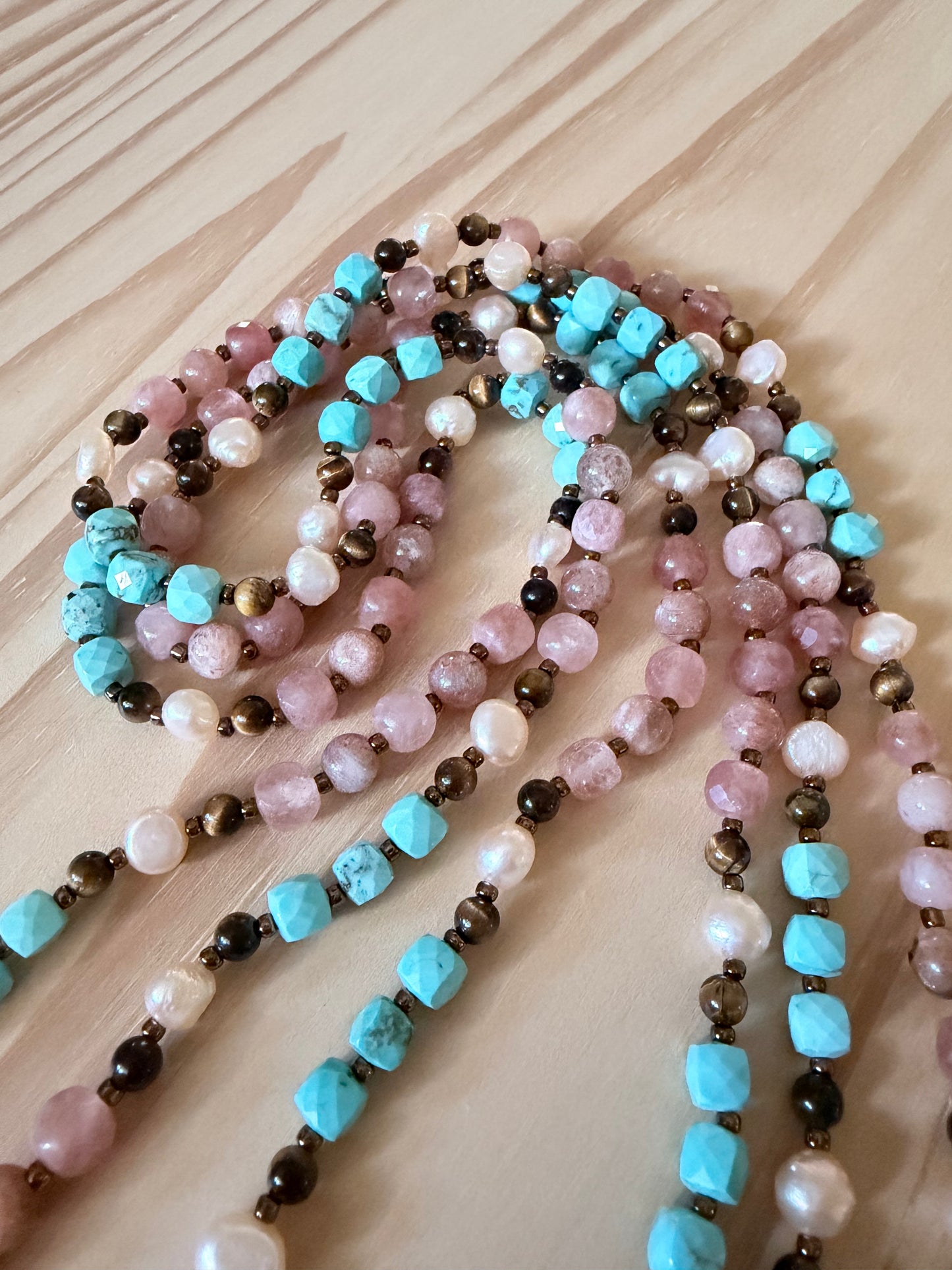 64” Extra Long Wraparound Necklace with Turquoise Sunstone Strawberry Quartz Tigereye and peach Pearls