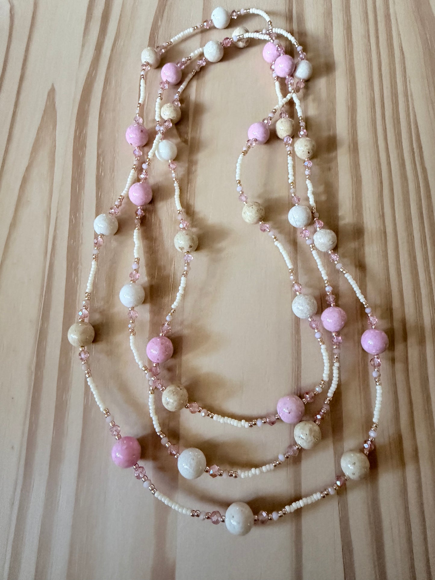 60” Extra Long Wraparound Necklace with Pink and Cream Riverstone and Crystal Beads