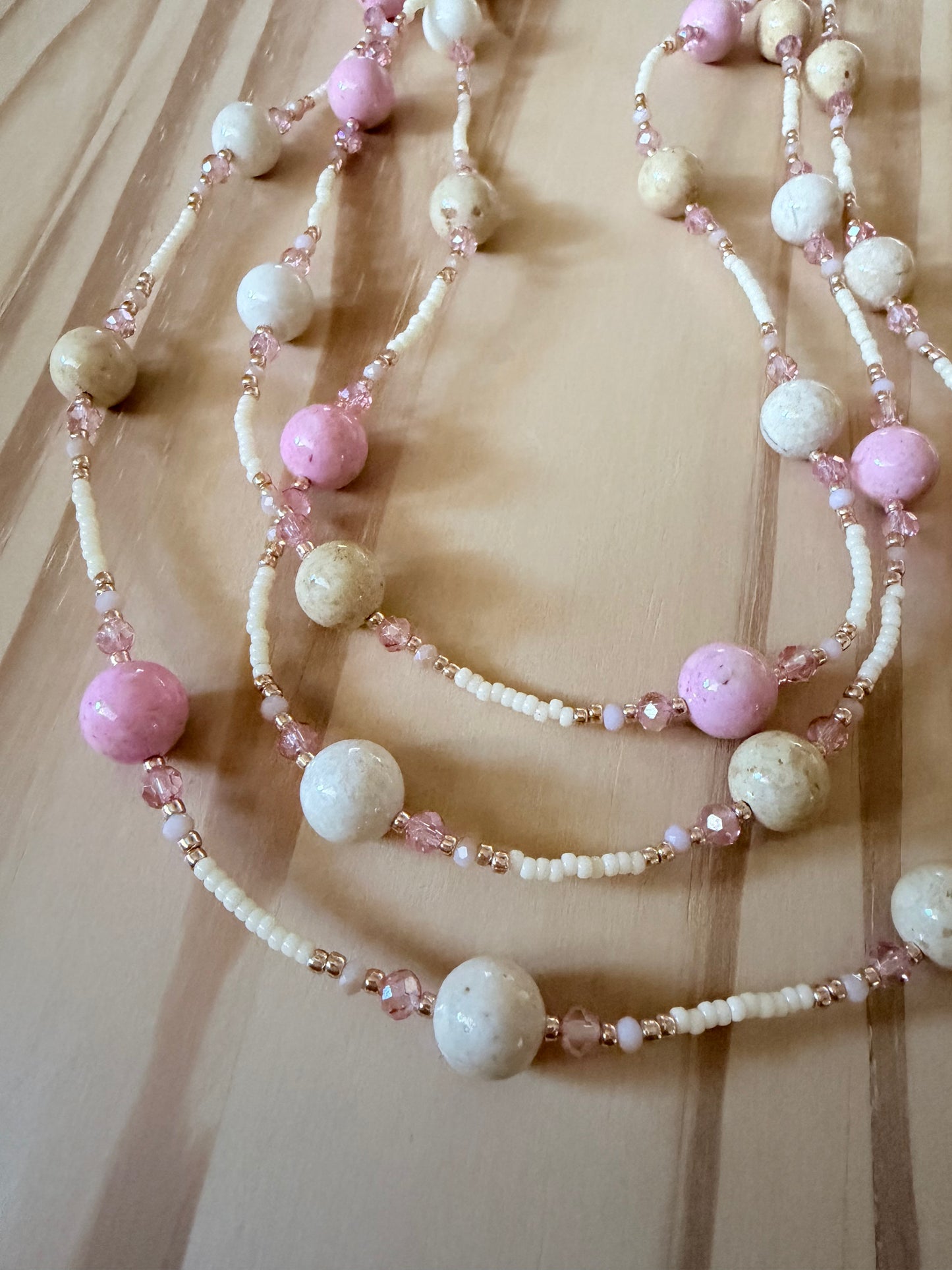 60” Extra Long Wraparound Necklace with Pink and Cream Riverstone and Crystal Beads