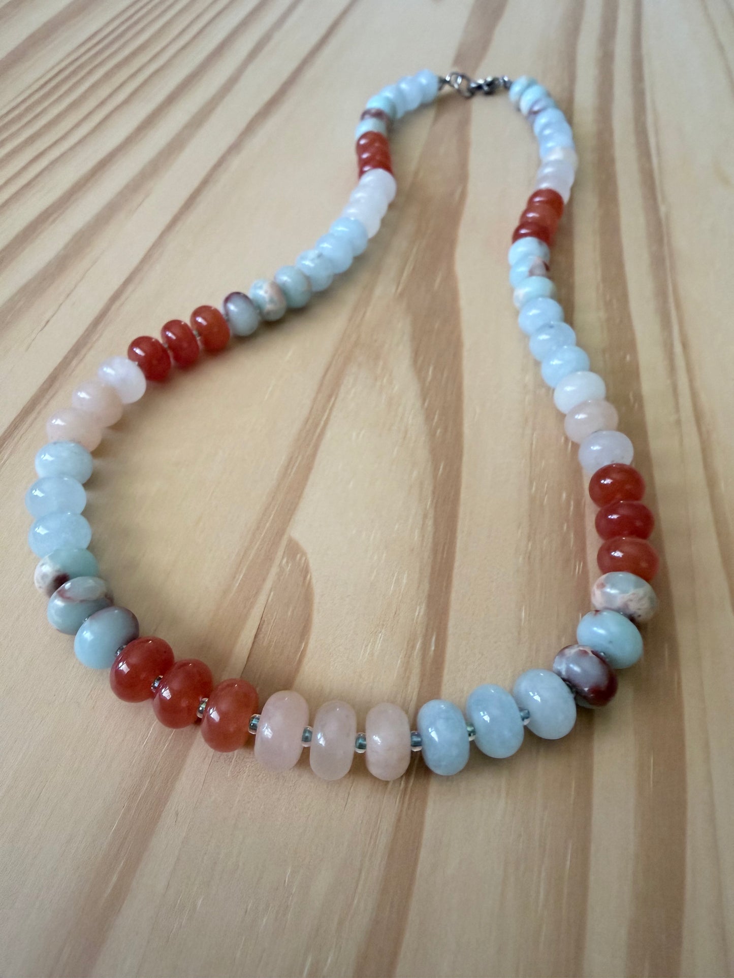 Mixed Gemstone Rondelle Necklace in Shades of Blue, Orange & Peach
