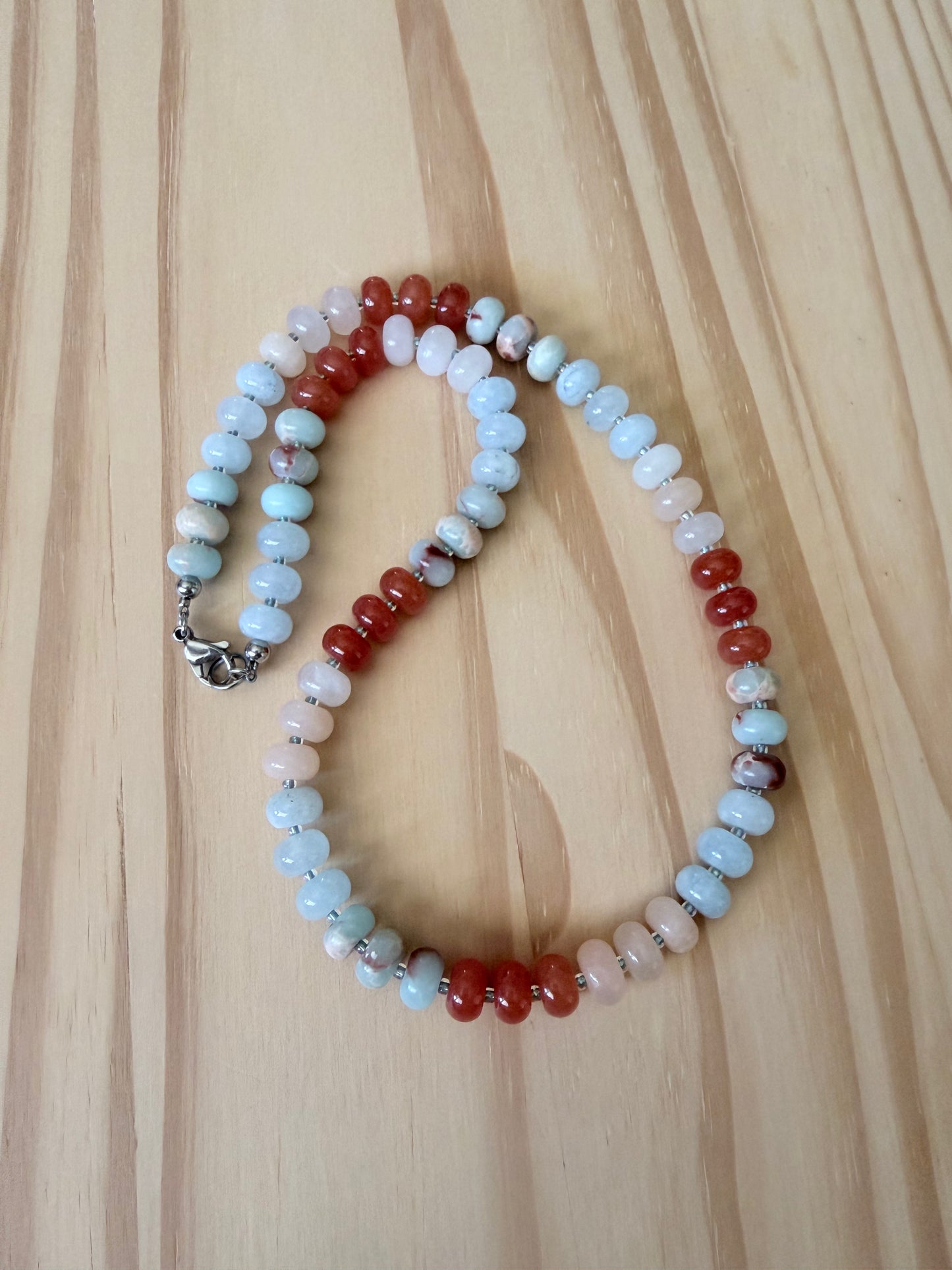 Mixed Gemstone Rondelle Necklace in Shades of Blue, Orange & Peach