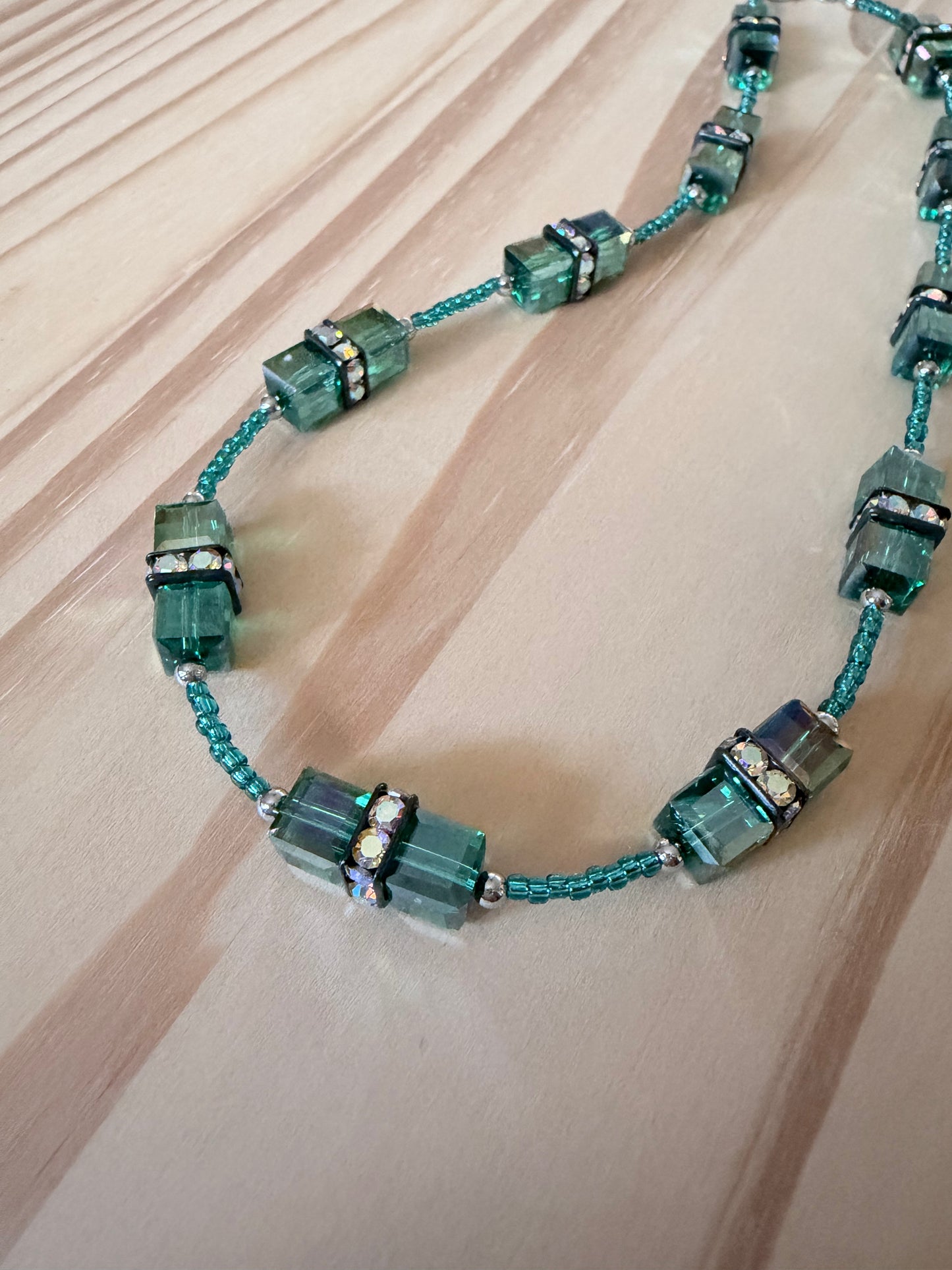 Green Glass Cube Necklace with Precosia Rondelle Beads ~ Stainless Steel