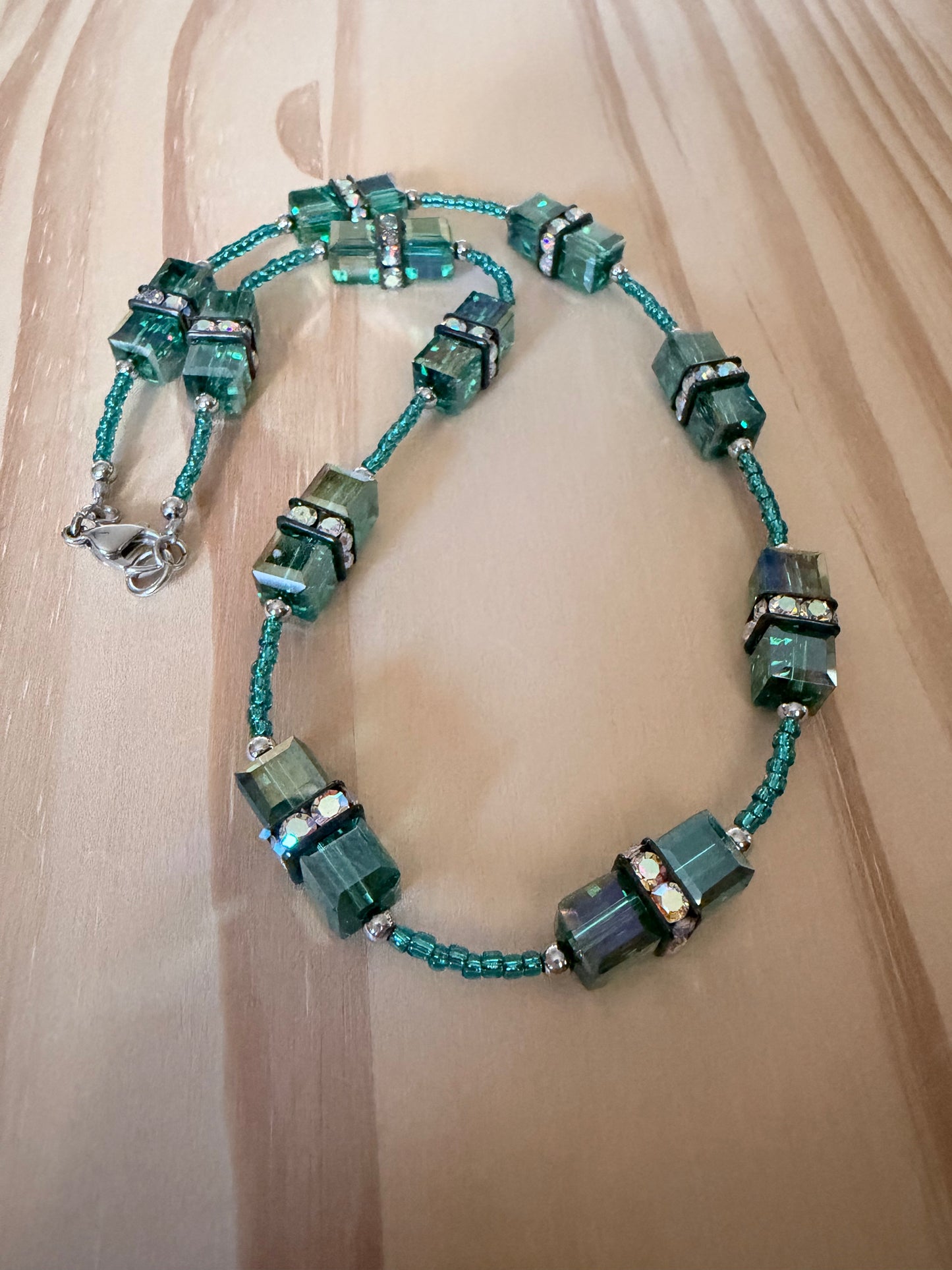 Green Glass Cube Necklace with Precosia Rondelle Beads ~ Stainless Steel