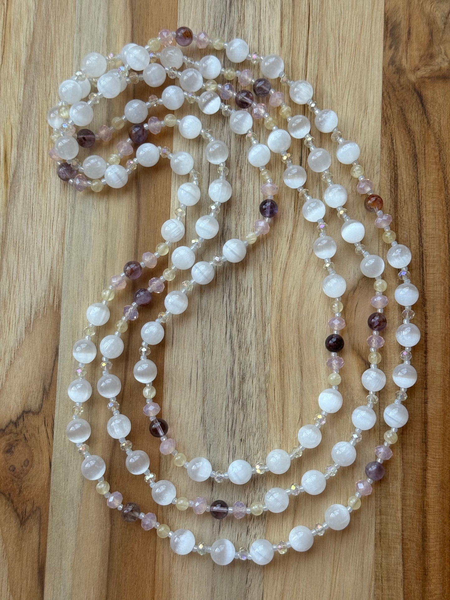 Extra Long 60” Wraparound Style White and Yellow Selenite Beaded Necklace with Super 7 and Crystal Beads