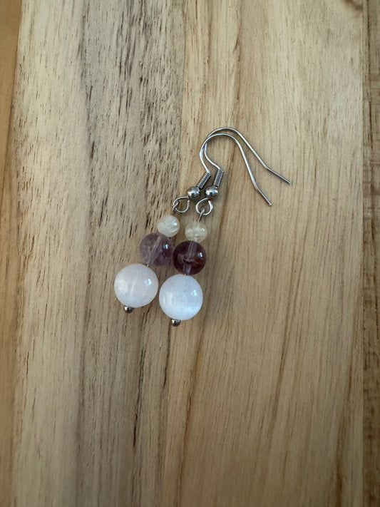 White and Yellow Selenite Dangle Earrings with Super 7 Beads