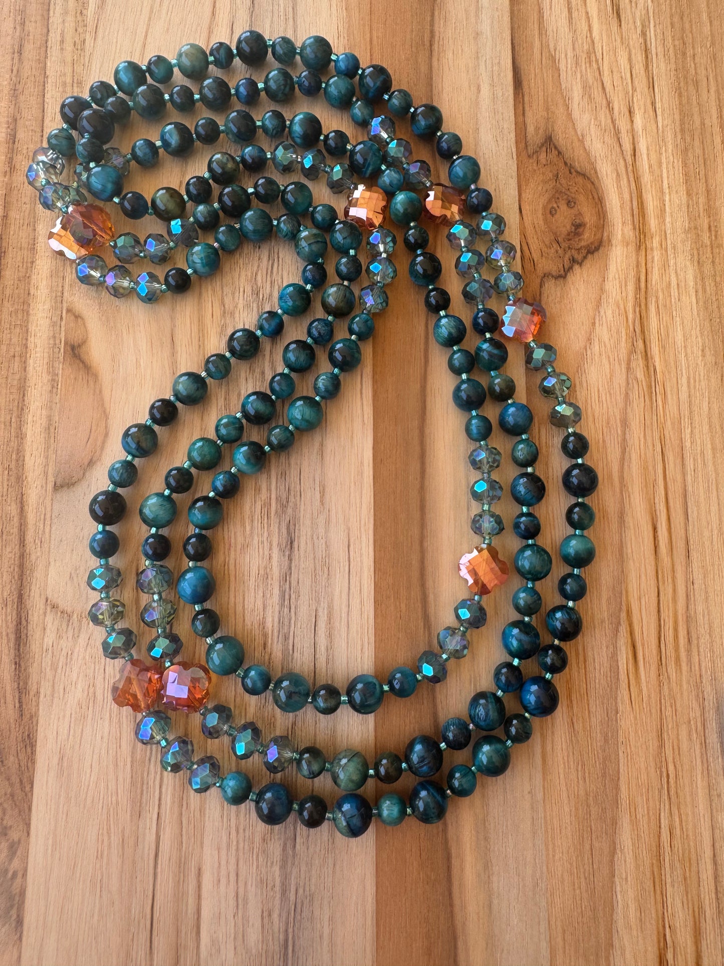 Extra Long Wraparound Style Beaded Necklace with Teal Tigereye and Crystal Glass Beads