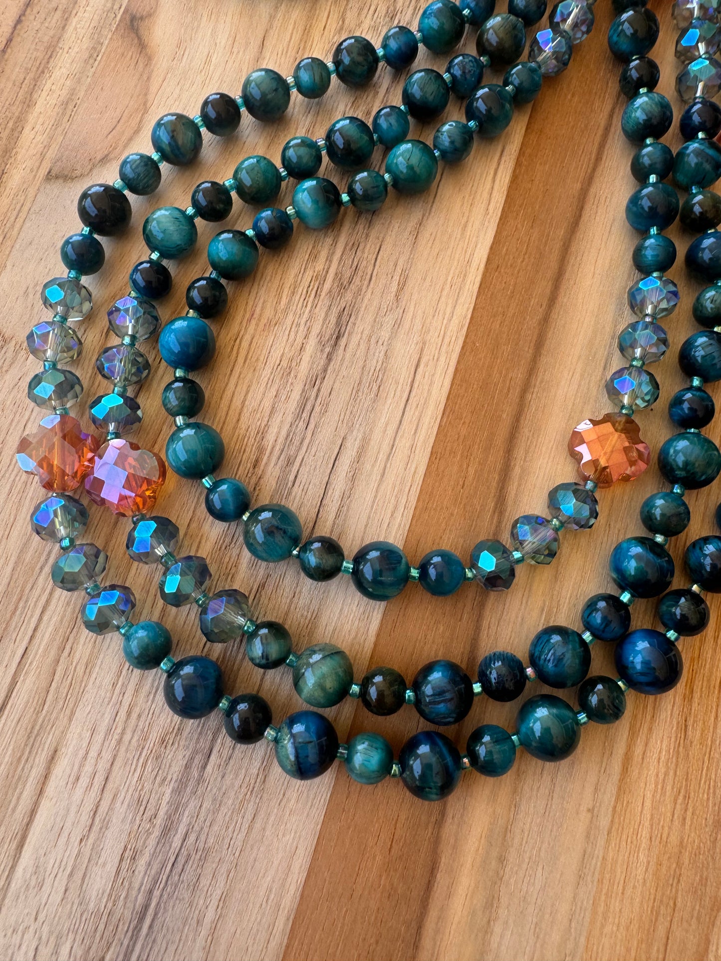 Extra Long Wraparound Style Beaded Necklace with Teal Tigereye and Crystal Glass Beads