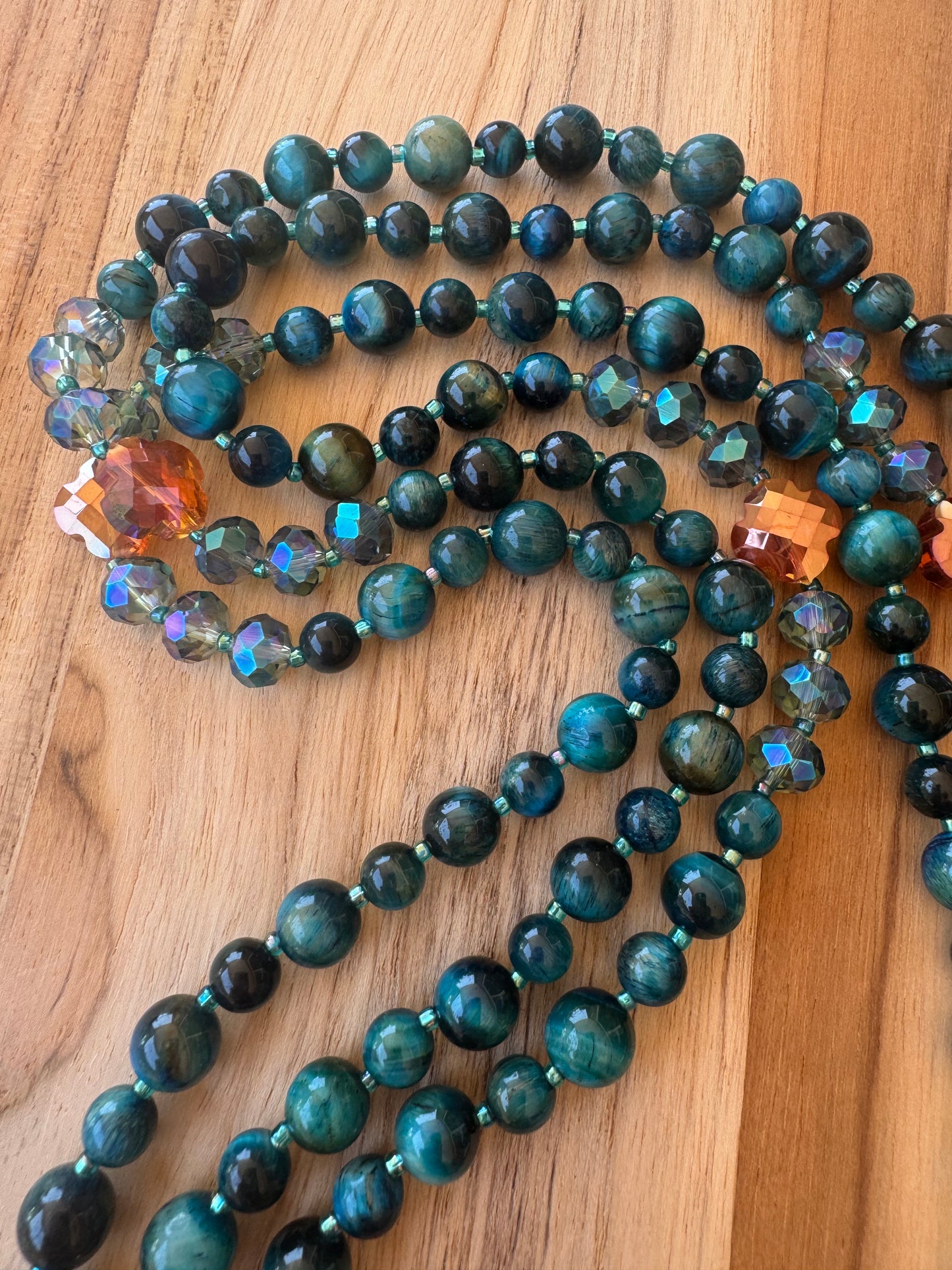 Extra Long Wraparound Style Beaded Necklace with Teal Tigereye and Crystal Glass Beads