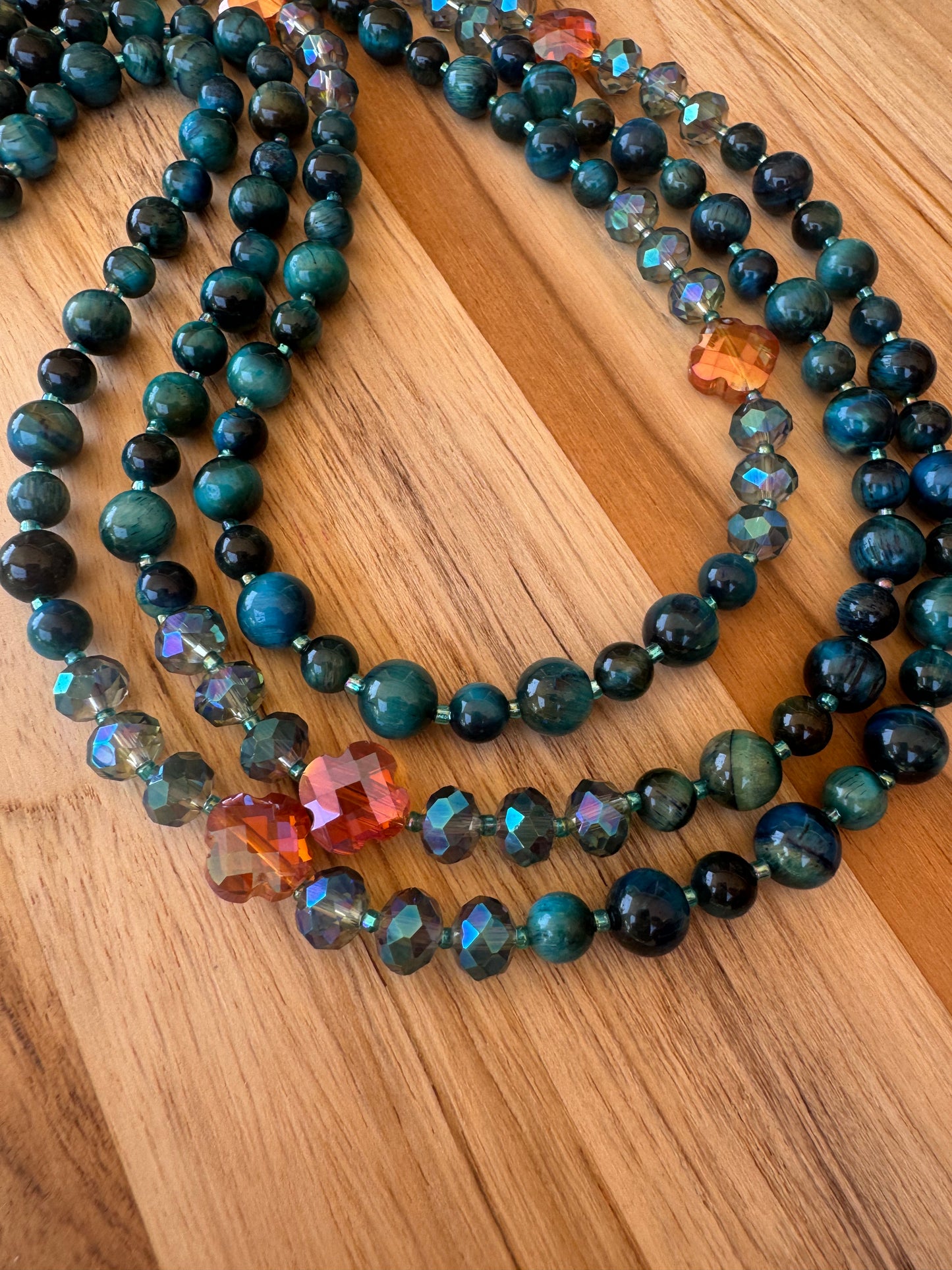 Extra Long Wraparound Style Beaded Necklace with Teal Tigereye and Crystal Glass Beads