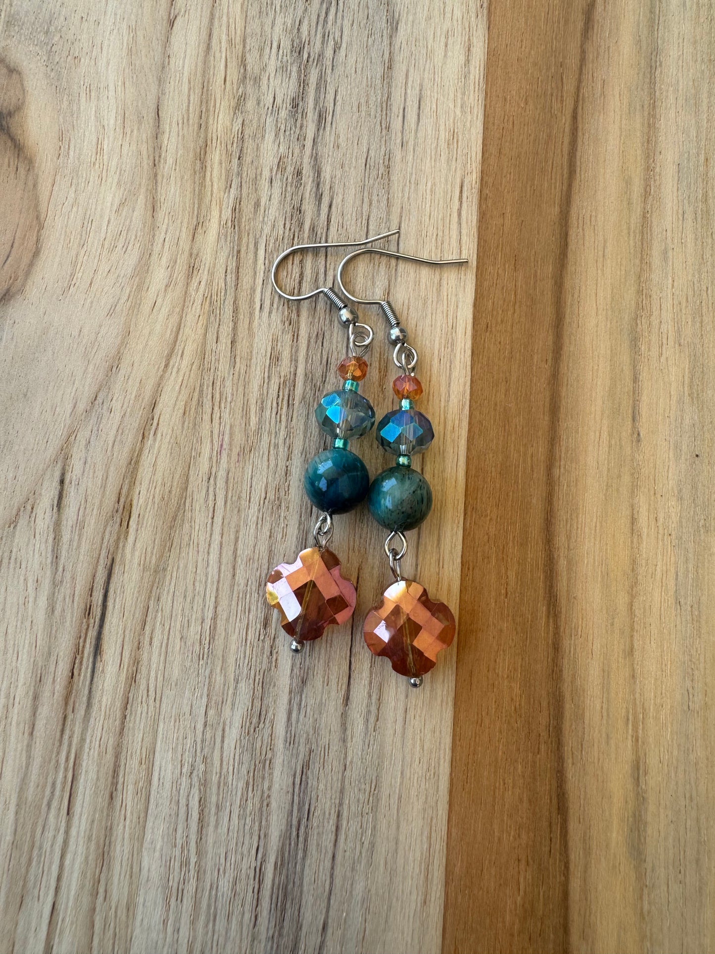 Teal Colored Tigereye Dangle Earrings with Orange Crystal Glass Beads