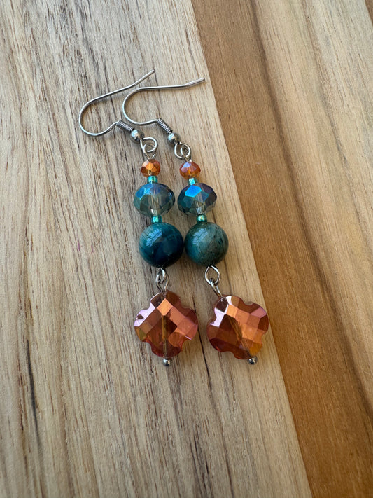 Teal Colored Tigereye Dangle Earrings with Orange Crystal Glass Beads