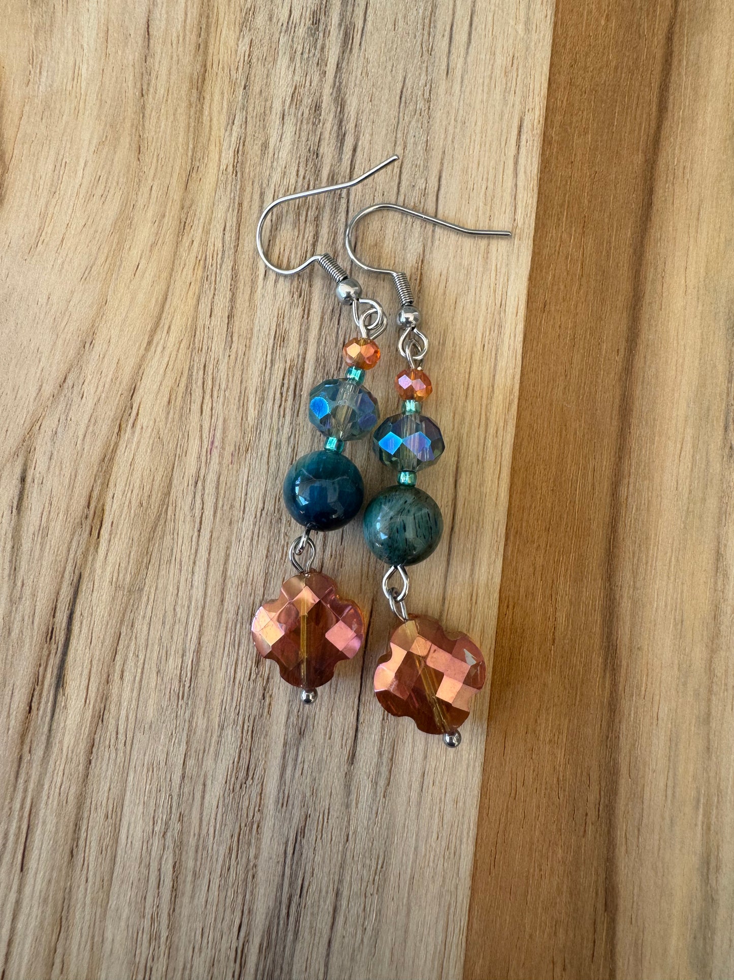 Teal Colored Tigereye Dangle Earrings with Orange Crystal Glass Beads