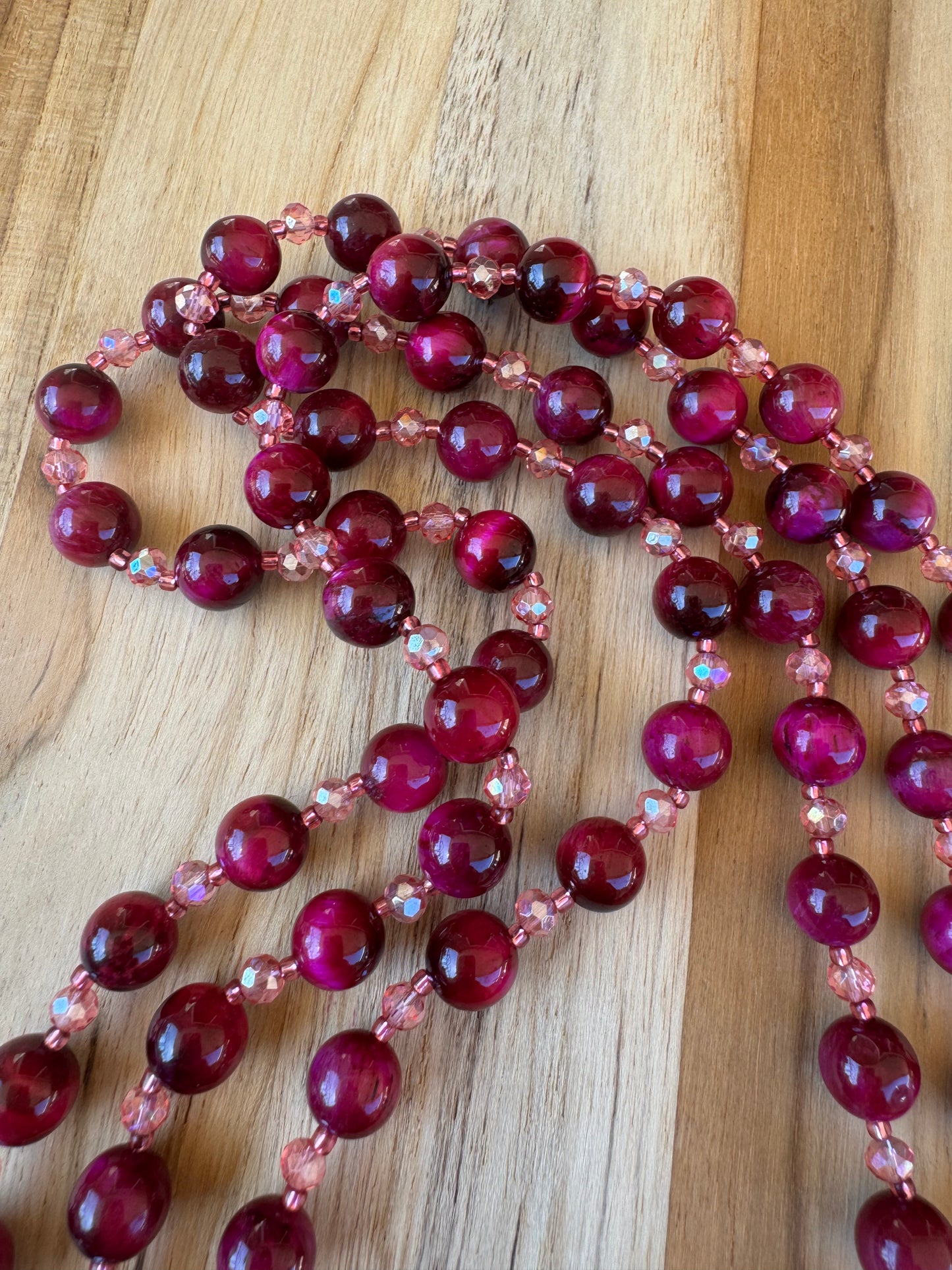 Extra Long Wraparound Style Beaded Necklace with Dark Pink Tigereye and Crystal Beads