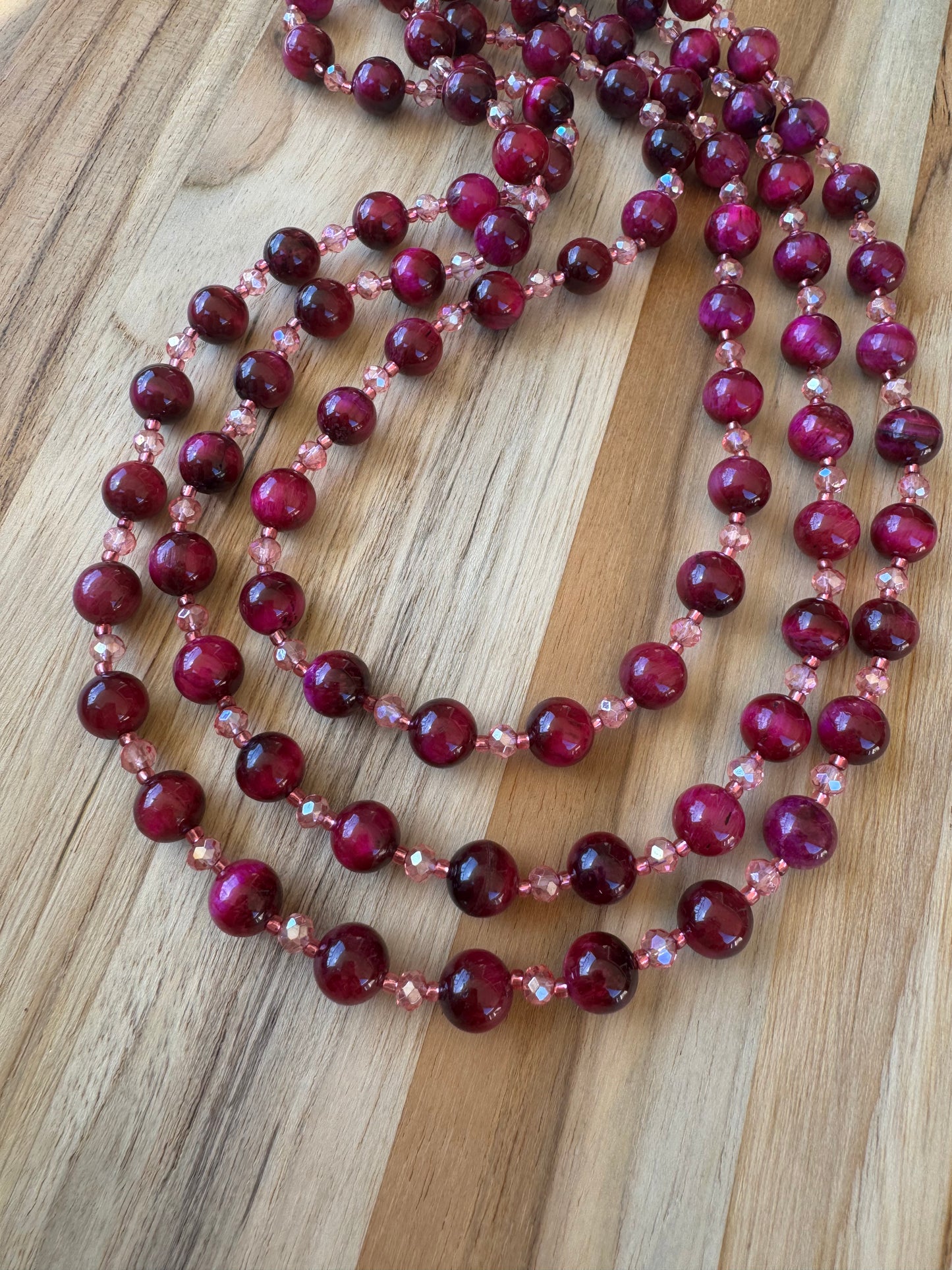 Extra Long Wraparound Style Beaded Necklace with Dark Pink Tigereye and Crystal Beads