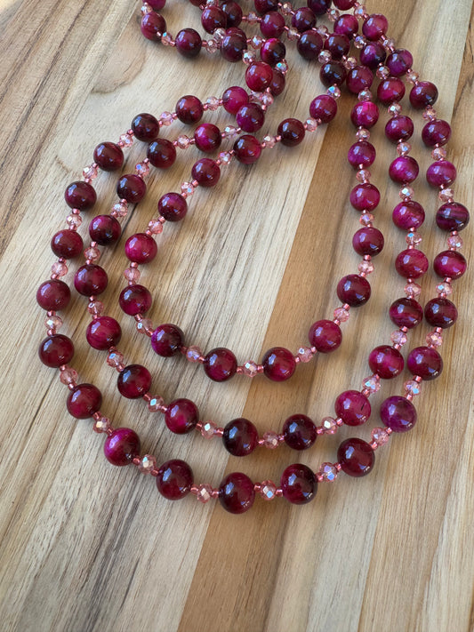 Handcrafted fuchsia pink tiger eye long beaded necklace with pink crystals