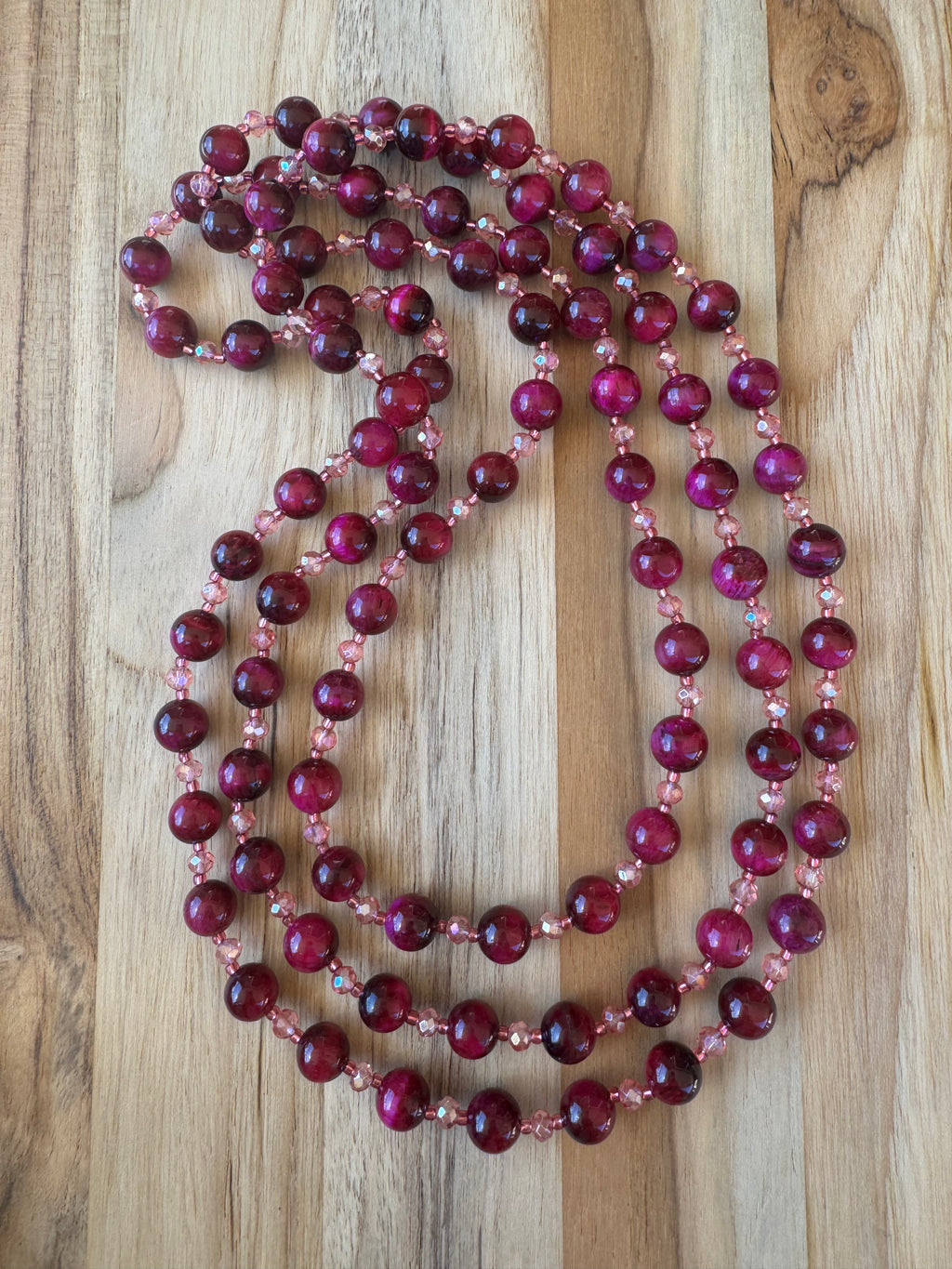 Handcrafted fuchsia pink tiger eye long beaded necklace with pink crystals