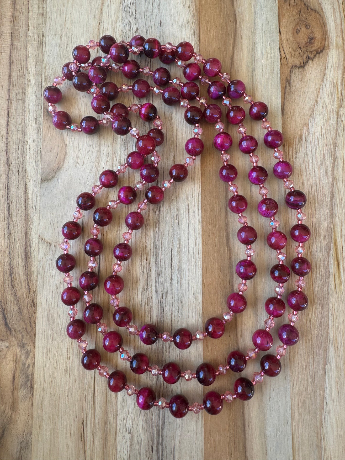 Extra Long Wraparound Style Beaded Necklace with Dark Pink Tigereye and Crystal Beads