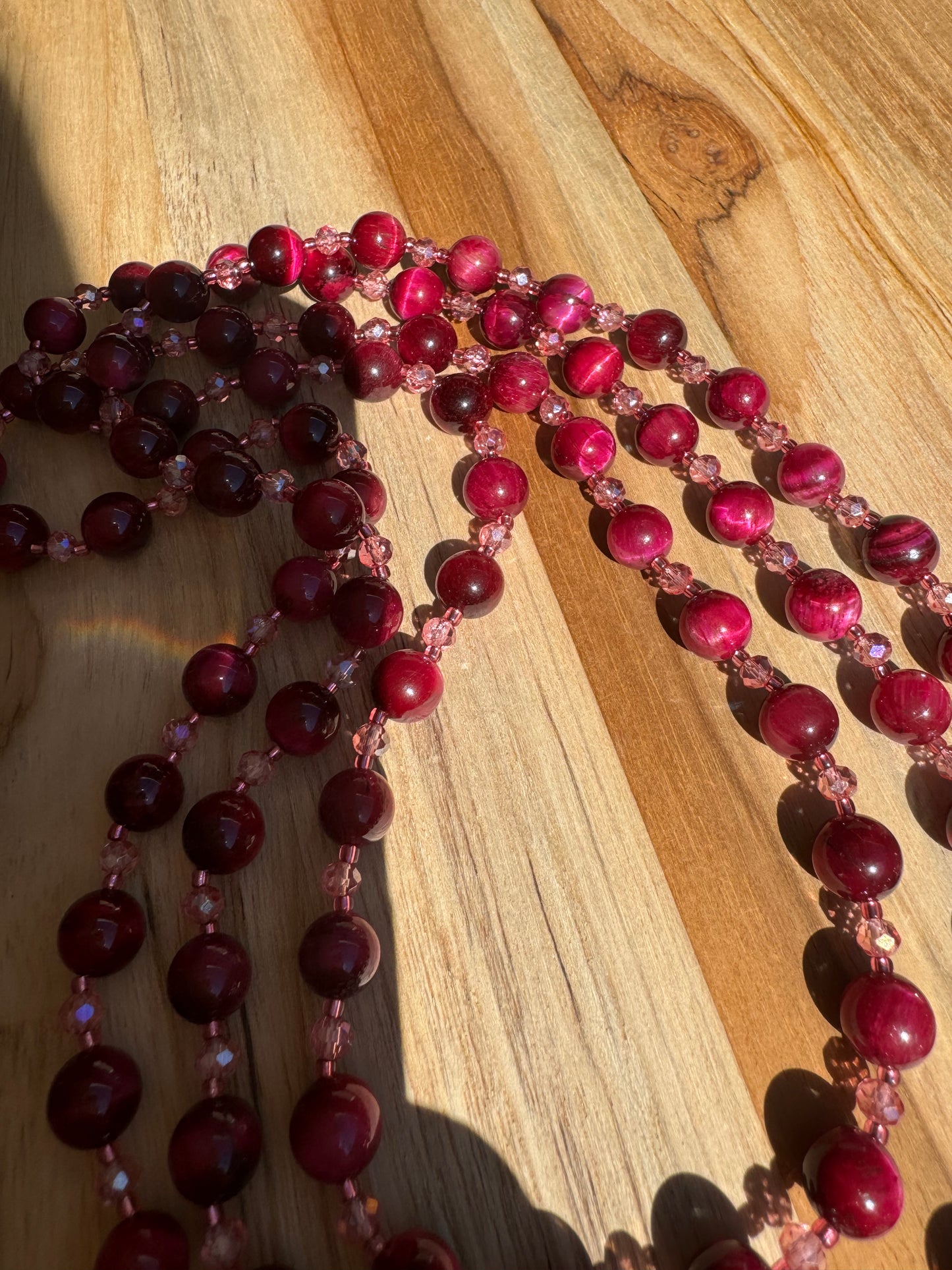 Extra Long Wraparound Style Beaded Necklace with Dark Pink Tigereye and Crystal Beads