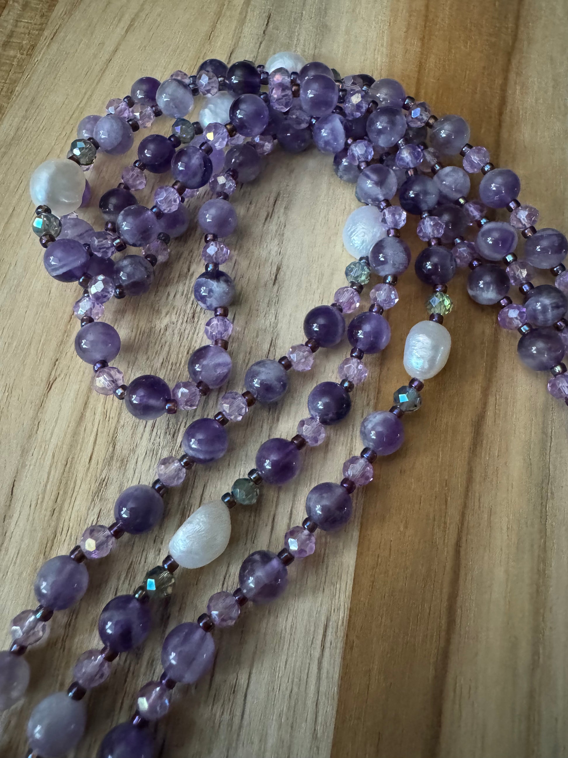 My urban gems - Extra Long 60” Wraparound Style Amethyst Beaded Necklace with White Pearl and Crystal Beads