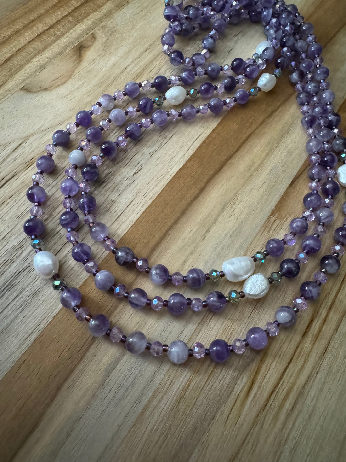 My urban gems - Extra Long 60” Wraparound Style Amethyst Beaded Necklace with White Pearl and Crystal Beads