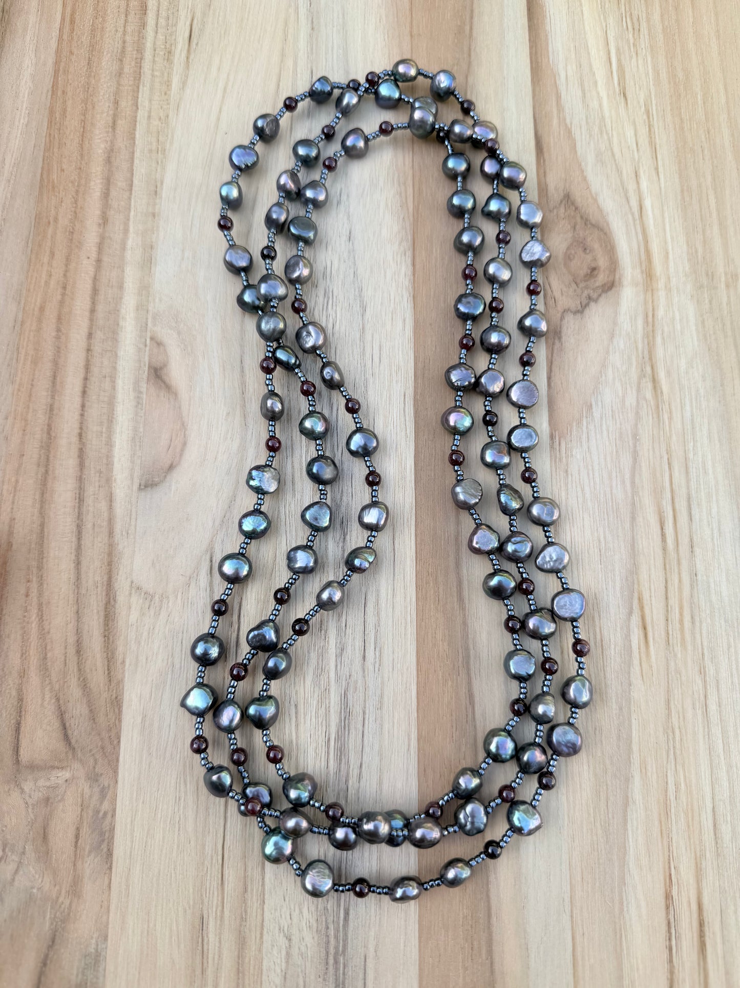 60” Extra Long Wraparound Style Grey Freshwater Peacock Pearl Necklace with Garnet Beads