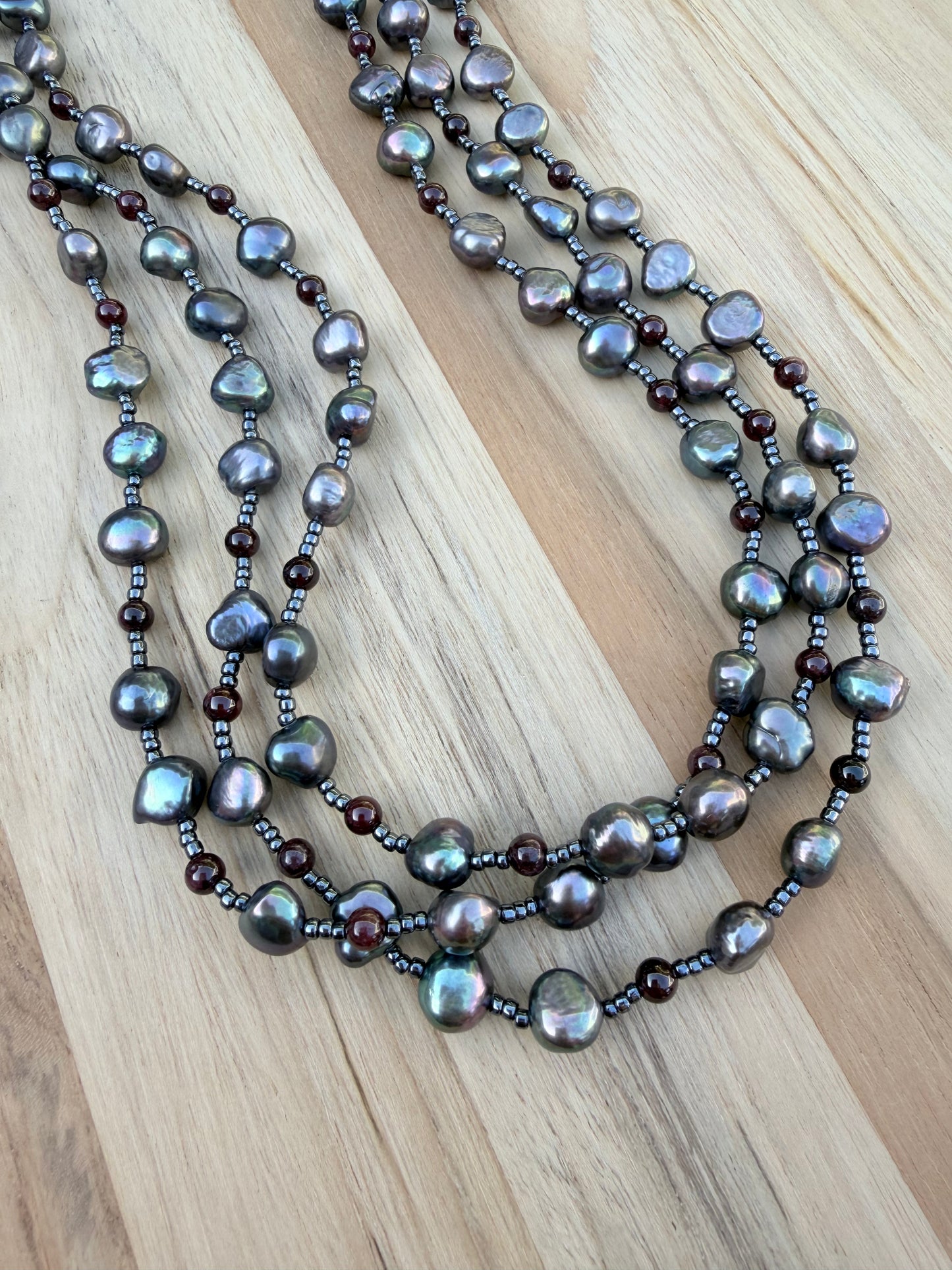 60” Extra Long Wraparound Style Grey Freshwater Peacock Pearl Necklace with Garnet Beads