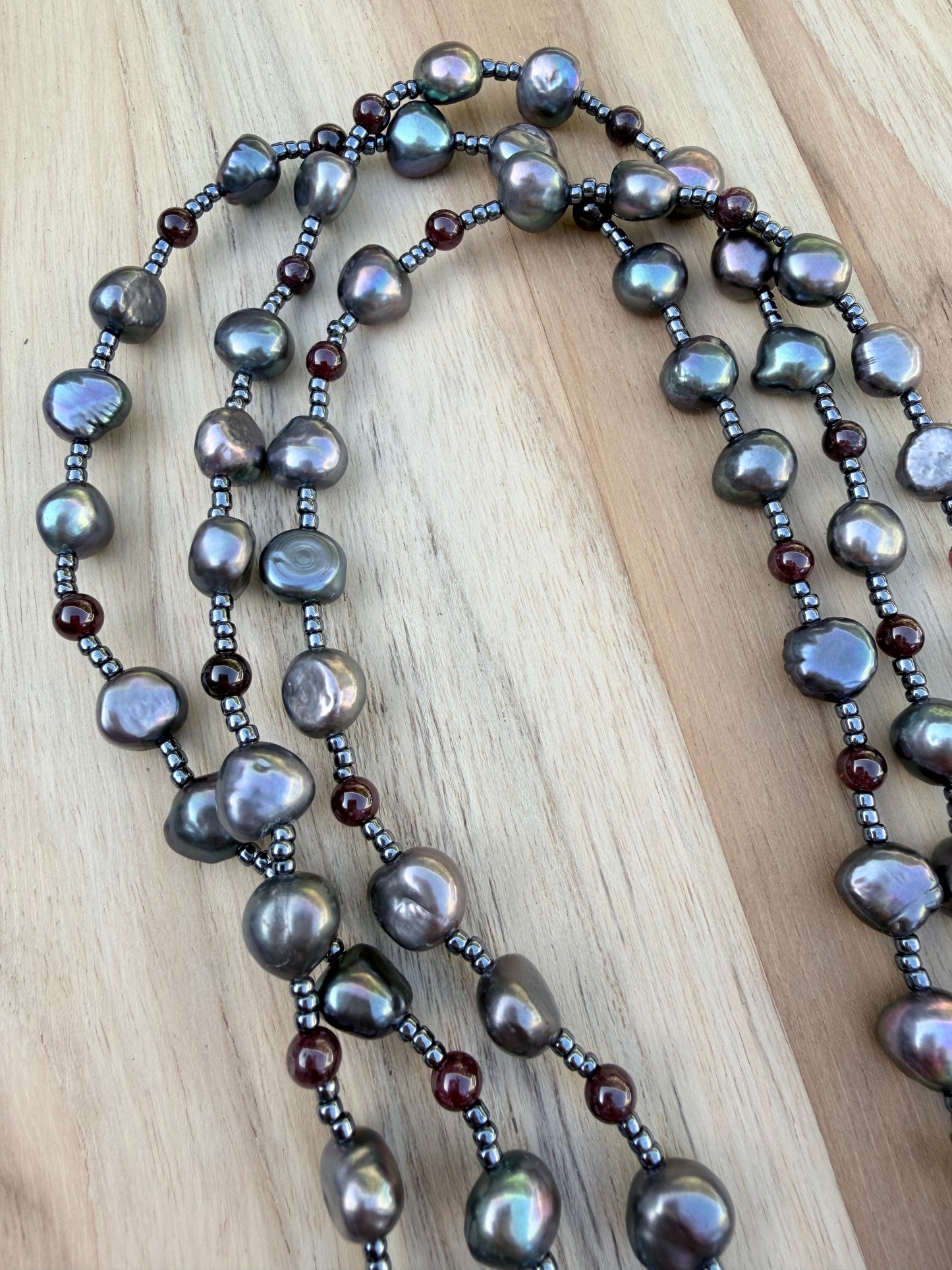 60” Extra Long Wraparound Style Grey Freshwater Peacock Pearl Necklace with Garnet Beads