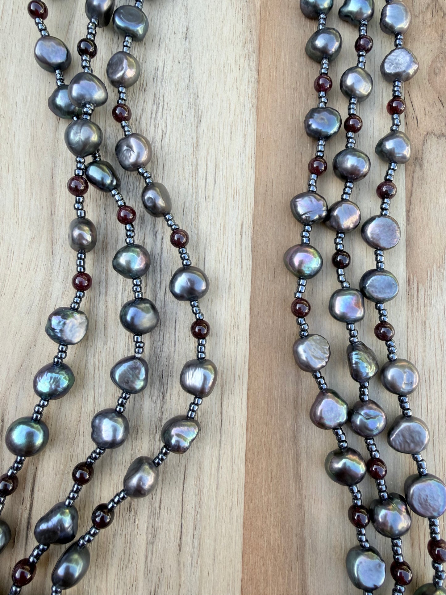 60” Extra Long Wraparound Style Grey Freshwater Peacock Pearl Necklace with Garnet Beads